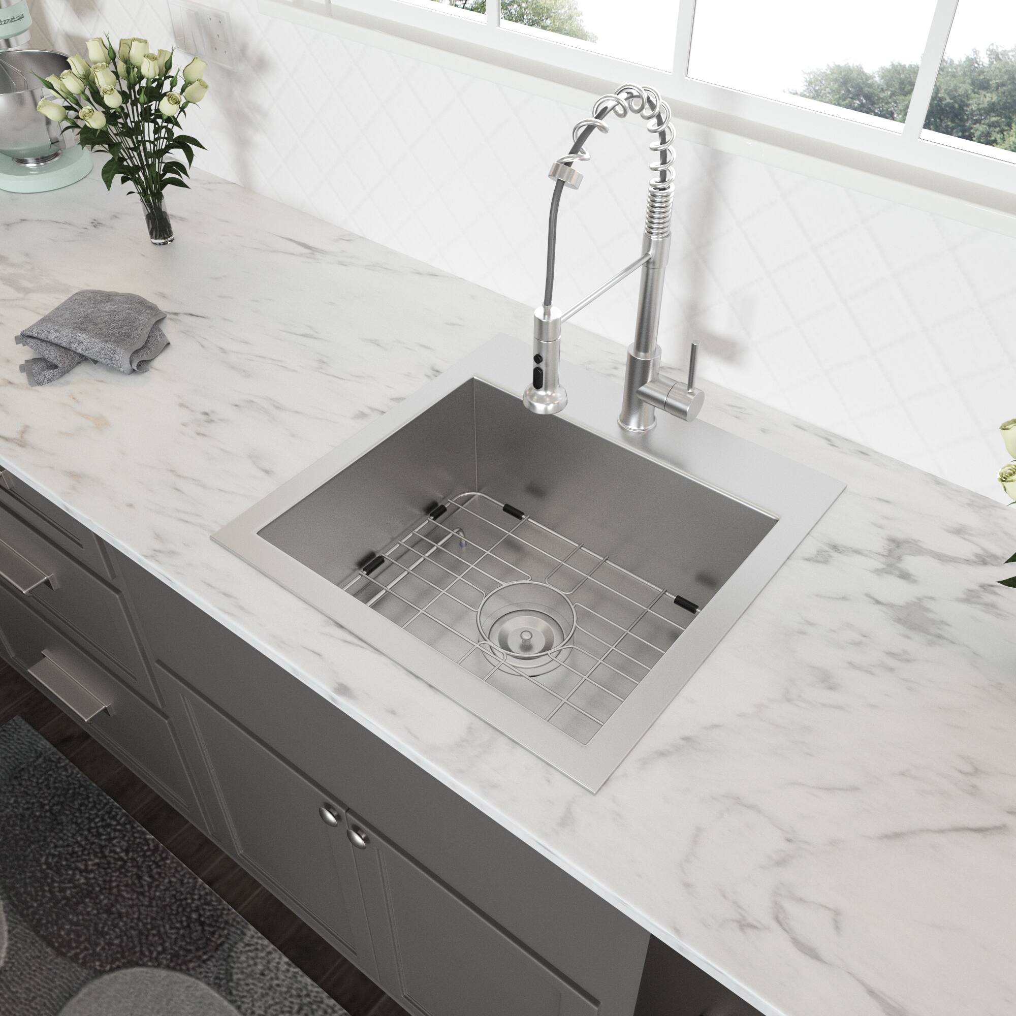 Left. Siljoy - Laundry Sink - 22" x 22" Drop In Topmount 16 Gauge Stainless Steel 12 Inch Deep Single Bowl Above Counter Basin - Brushed Nickel.