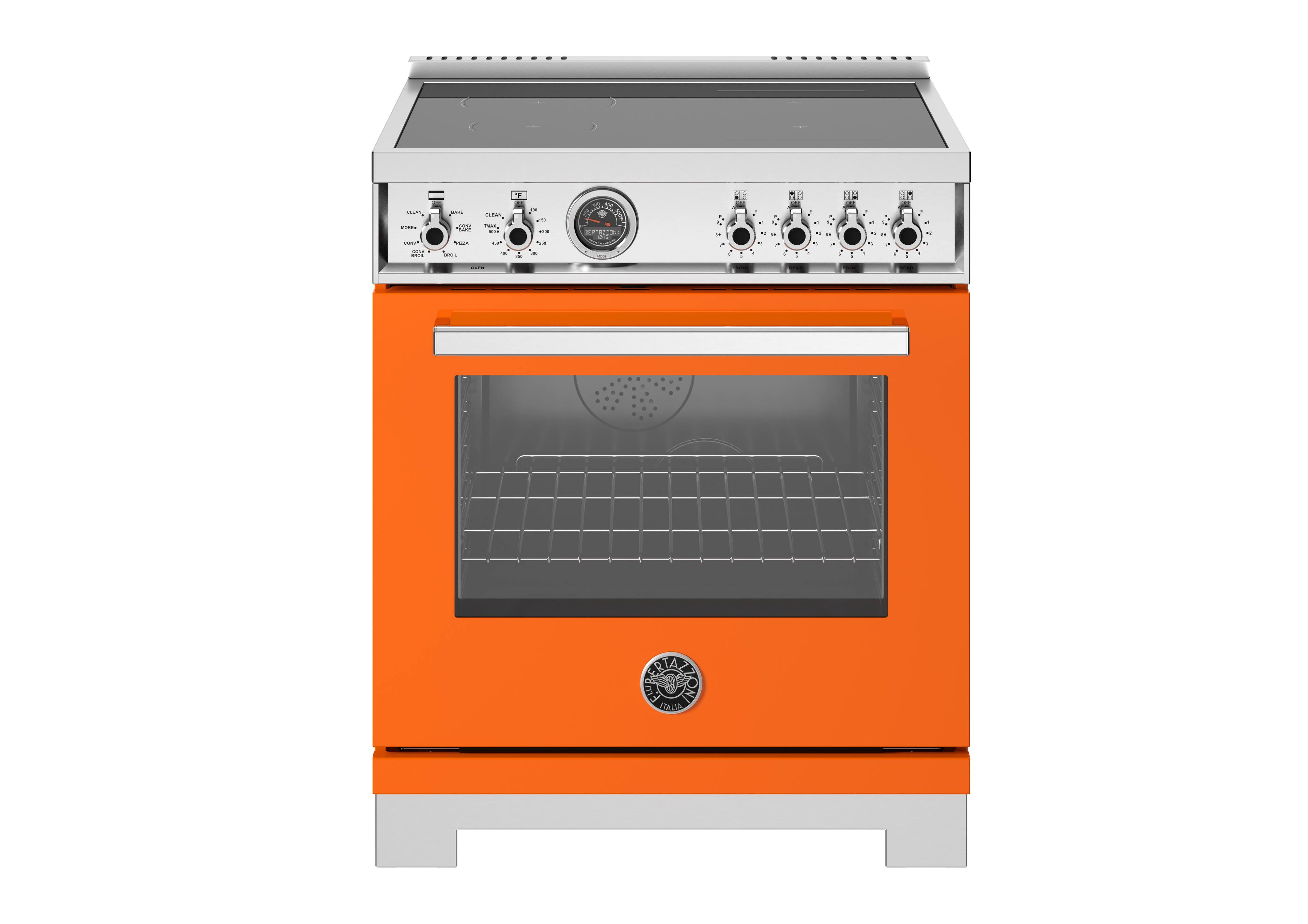 Front. Bertazzoni - 30" Professional Series range - Electric self clean oven - 4 induction zones - Orange.