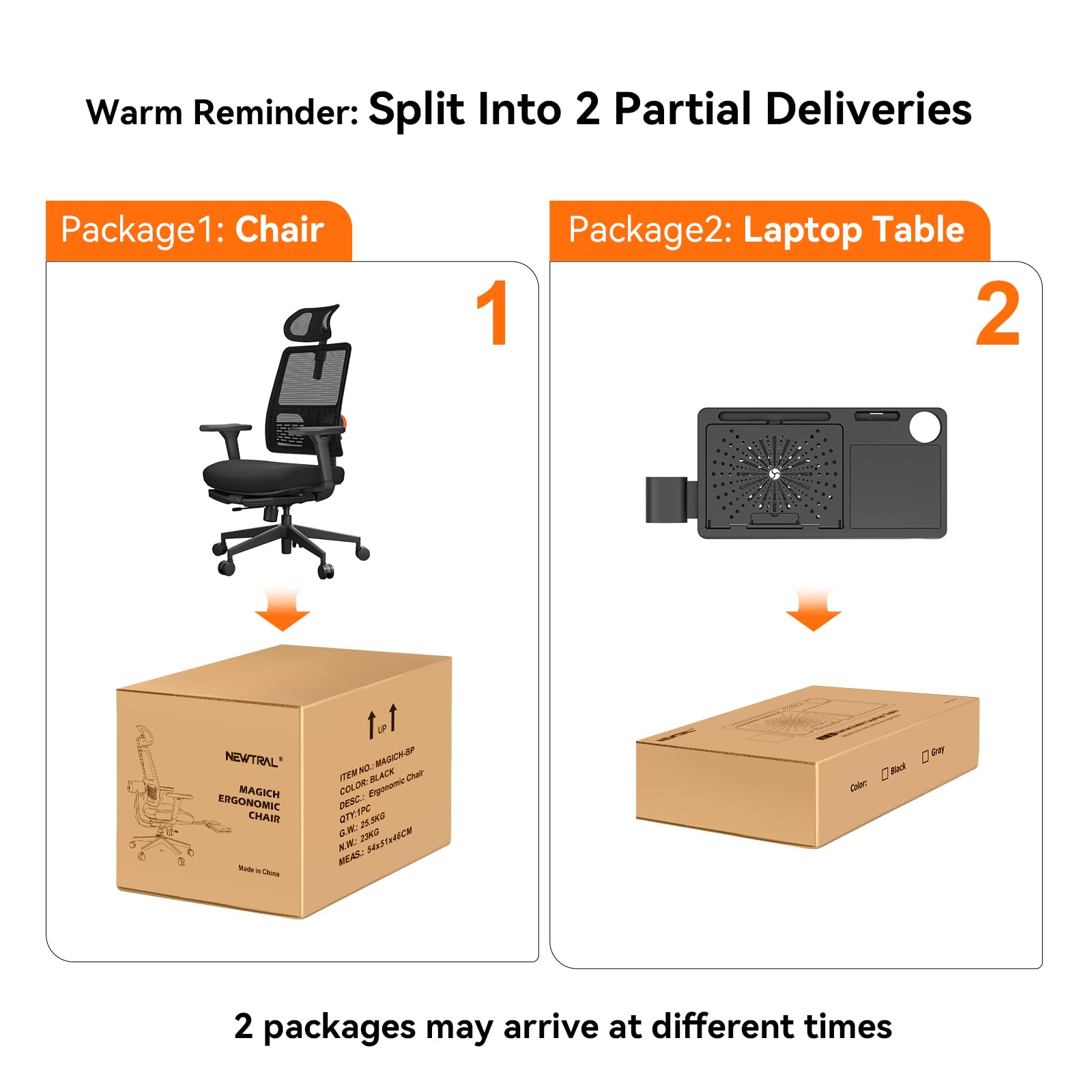 Warm Reminder: Split Into 2 Partial Deliveries

Package1: Chair

Package2: Laptop Table

2 packages may arrive at different times