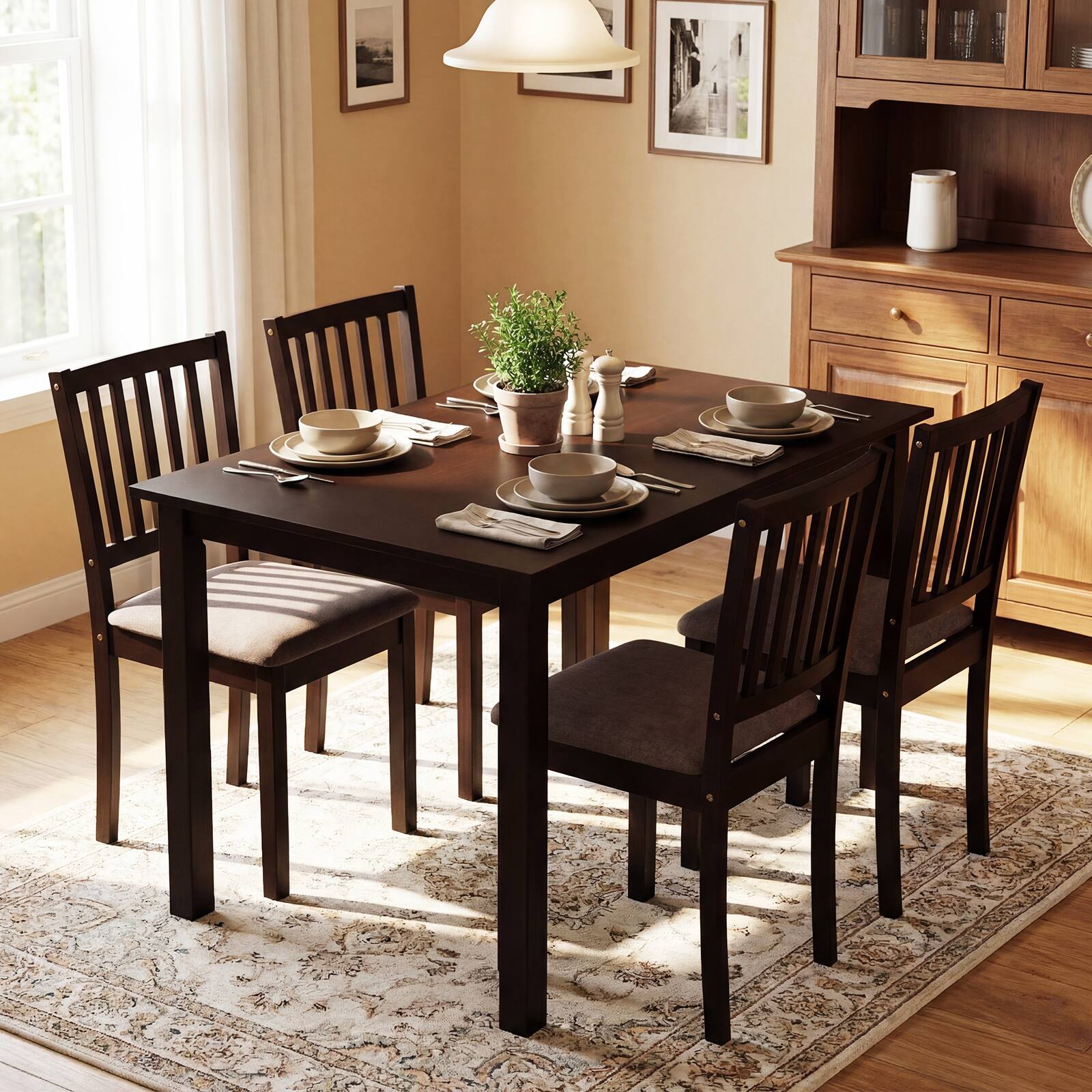 Alt View 3. Gymax - Gymax 5-Piece Dining Table Set Rectangular Kitchen Table w/ Upholstered Chairs - Brown.