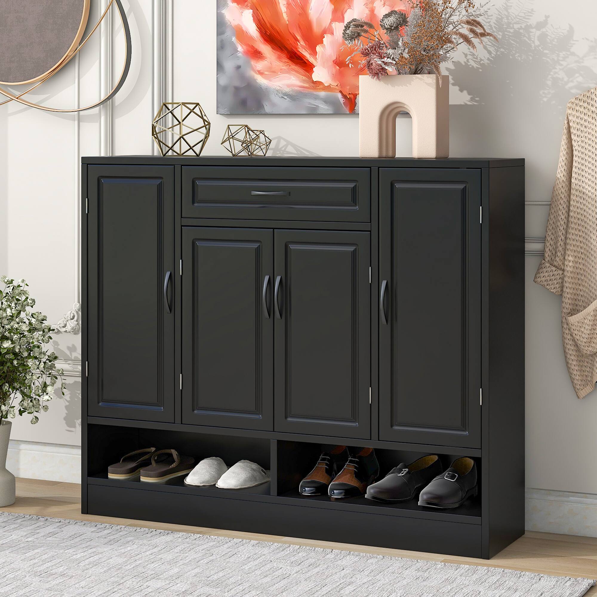 Angle. Spaco - Spaco Sleek Modern Shoe Cabinet with Adjustable Shelves, Minimalist Storage Organizer with Sturdy Top, Space Saving - Black.