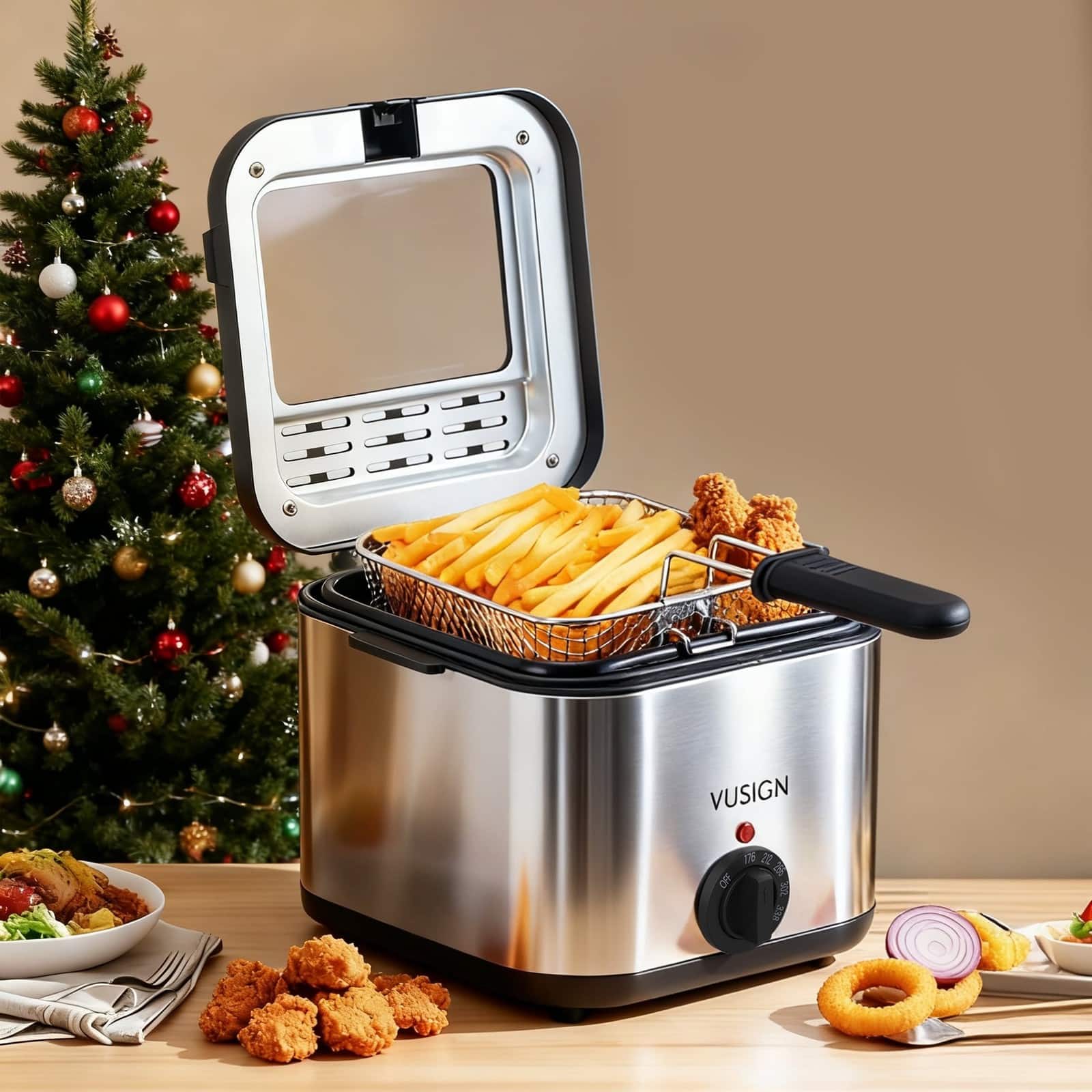 VUSIGN - 1000W Electric Deep Fryer, 2.5 Quart Capacity, Easy-View Window & Adjustable Temp Control, Stainless Steel - Silver