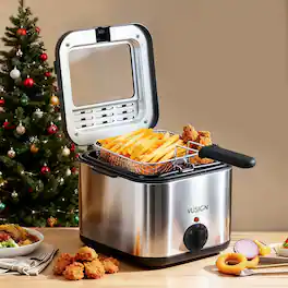 VUSIGN - 1000W Electric Deep Fryer, 2.5 Quart Capacity, Easy-View Window & Adjustable Temp Control, Stainless Steel - Silver