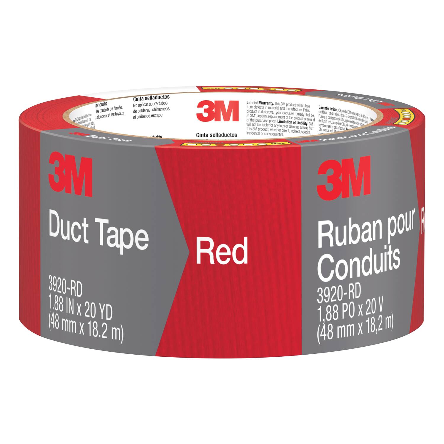 3M Duct Tape Red  
3920-RD  
1.88 IN x 20 YD  
(48 mm x 18.2 m)  

Cinta sellaductos  
3920-RD  
1.88 PO x 20 V  
(48 mm x 18.2 m)  

Limited Warranty: This 3M product will be free from defects in material and workmanship under normal use and service for a period of 30 days from date of purchase. If a defect in material or workmanship is found, your exclusive remedy shall be, at 3M's option, repair, replacement or refund of the purchase price. Limitation of Liability: 3M shall not be liable for any indirect, special, incidental or consequential damages resulting from the use of this product.  

Garantía Limitada: Esta 3M producto será libre de defectos de material y mano de obra bajo uso normal y servicio por un período de 30 días desde la fecha de compra. Si se encuentra un defecto de material o mano de obra, su única reparación será, a opción de 3M, reparación, reemplazo o reembolso