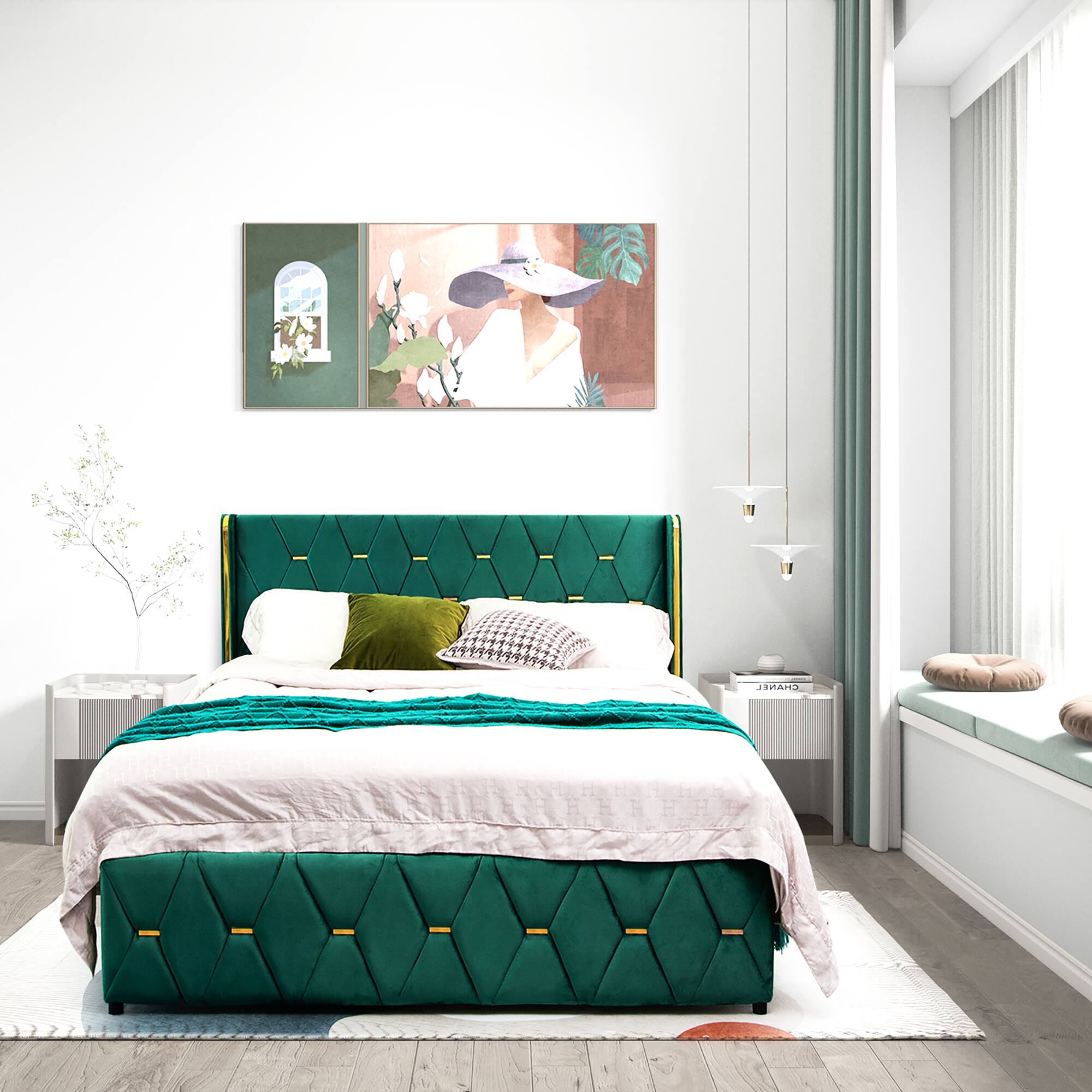 Alt View 3. Costway - Costway Full Upholstered Platform Bed Frame Adjustable Headboard Footboard Modern - Green.