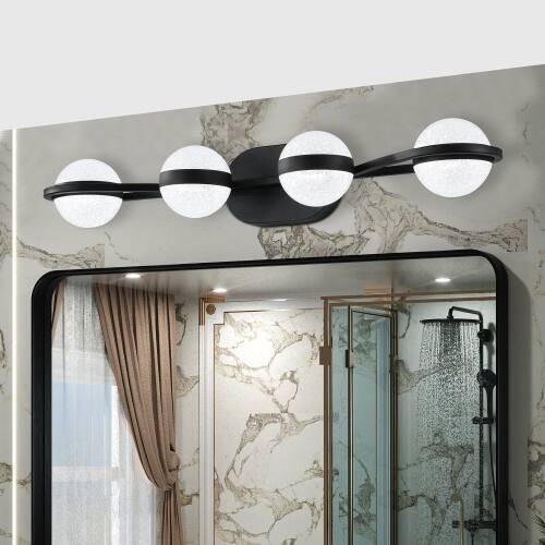Front. LUCKY ONE - 30in Wall Mount LED Vanity Light, 4-Light Black Minimalist Fixture for Bathroom Mirror with Acrylic Shades - Black.