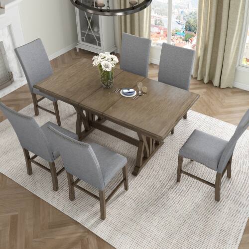 Alt View 2. LUCKY ONE - 7-Piece Mid-Century Set with 12" Leaf, 60" Extendable Dining Table and 6 Chairs - Gray.
