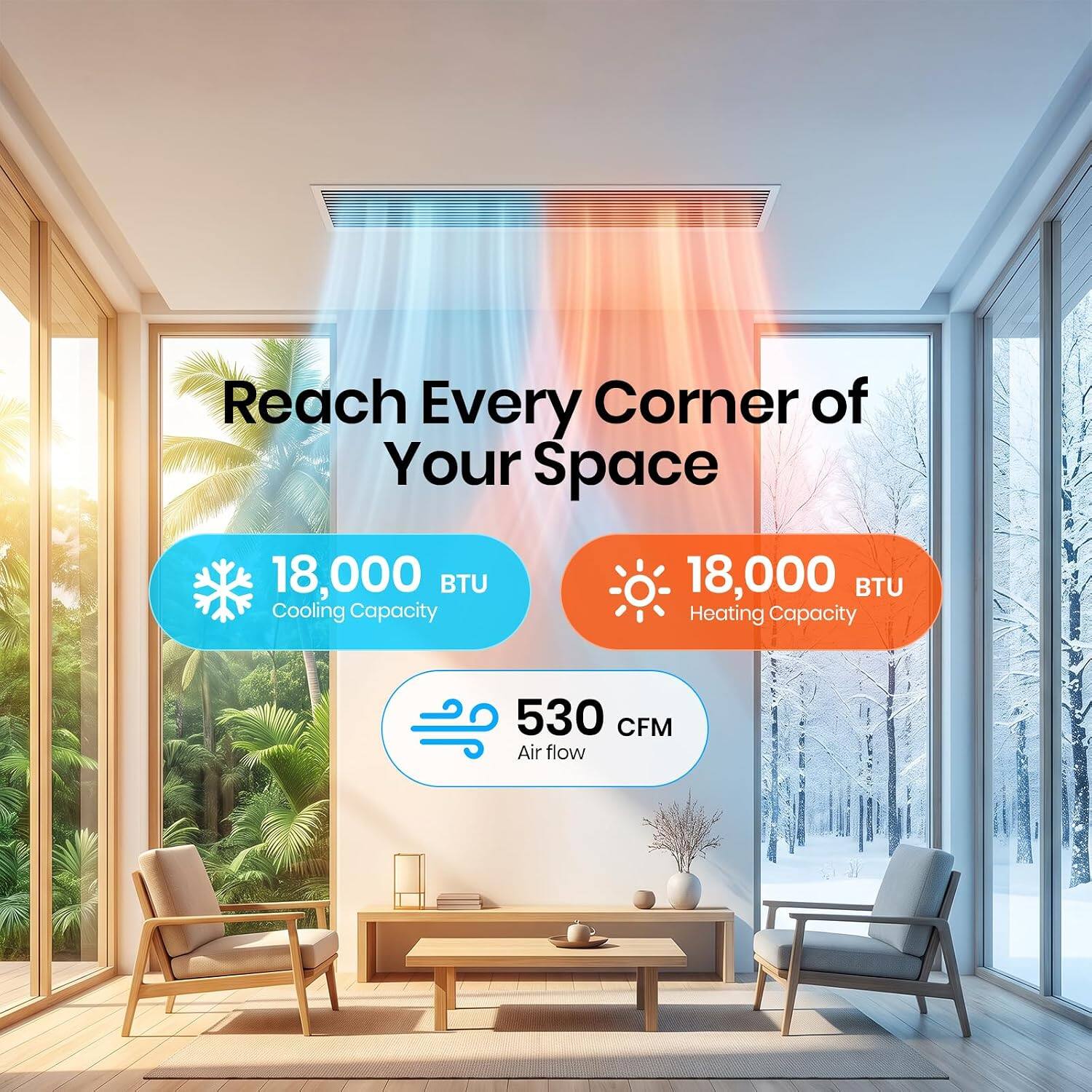 Reach Every Corner of Your Space

18,000 BTU Cooling Capacity  
18,000 BTU Heating Capacity  
530 CFM Air flow
