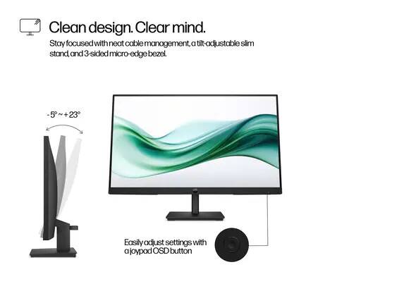 Clean design. Clear mind.

Stay focused with neat cable management, a tilt-adjustable slim stand, and 3-sided micro-edge bezel.

-5° ~ +23°

Easily adjust settings with a joystick OSD button