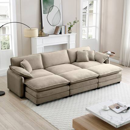 Front. LOVMOR - 3 Seater Corduroy Sleeper Couch Modular Storage Ottoman Easy Assembly Memory Foam For Living Room Bedroom Club - Tan.