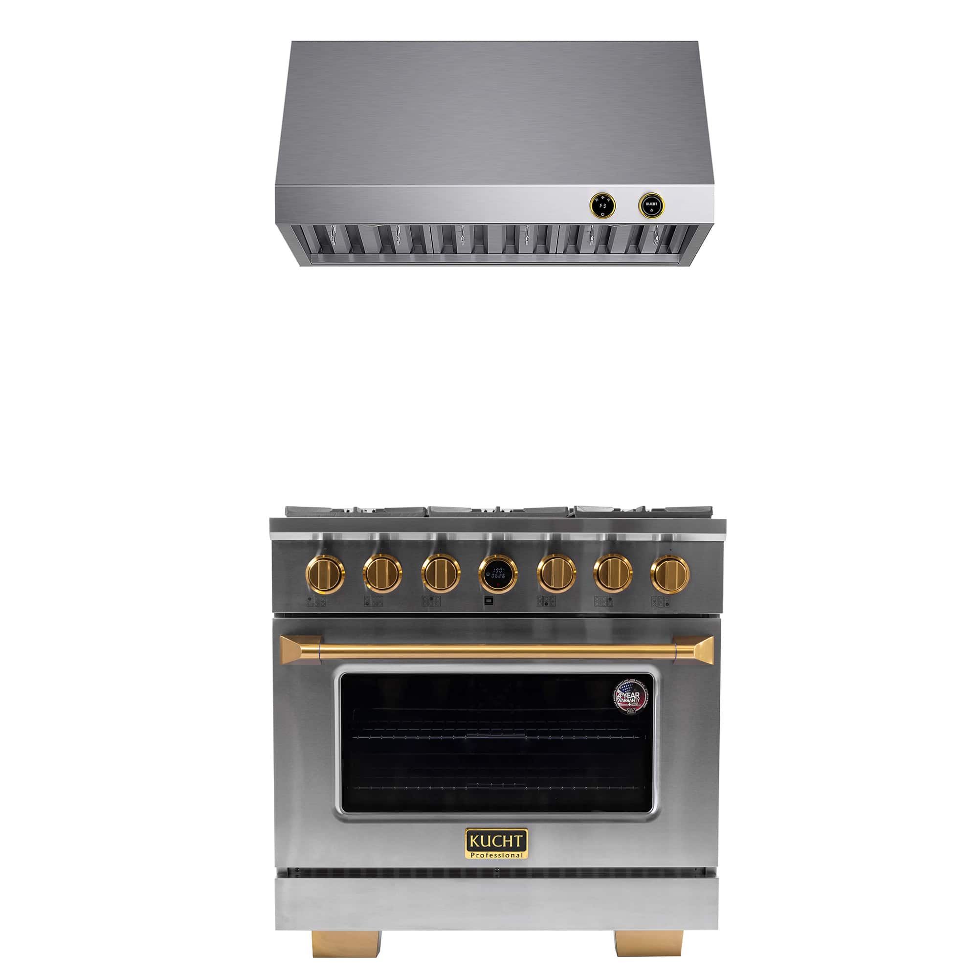 Kucht - 36 in. 5.2 cu. ft. 6 Burners Dual Fuel Range for Propane Gas in Stainless Steel and Gold + Under Cabinet Range Hood - Stainless Steel with Gold Accents