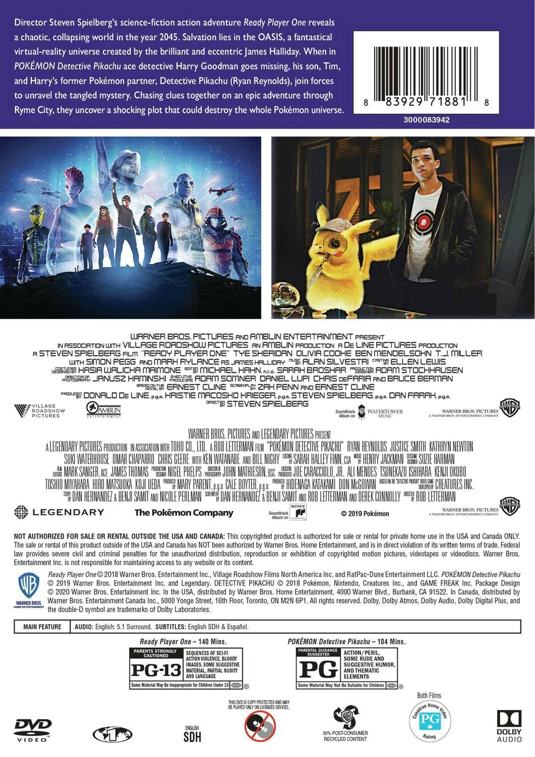Back. Ready Player One/Pokemon Detective Pikachu (DVD Double Feature) [DVD].