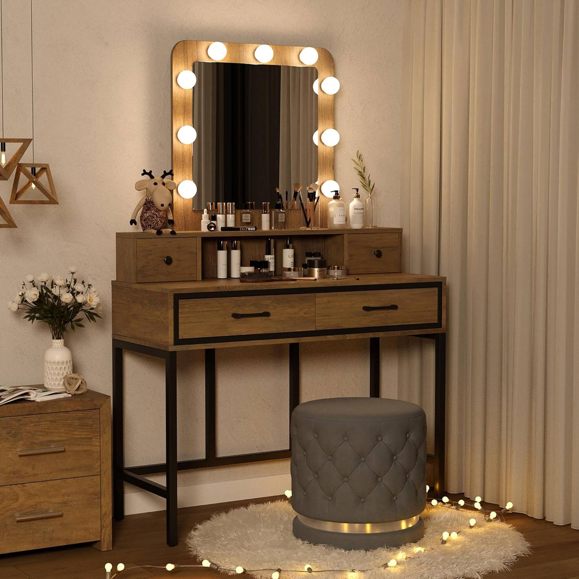 Alt View 5. RoyalCraft - RoyalCraft Vanity Desk for Makeup with Mirror, Dimmable Lights & Drawers, Brown - Brown.