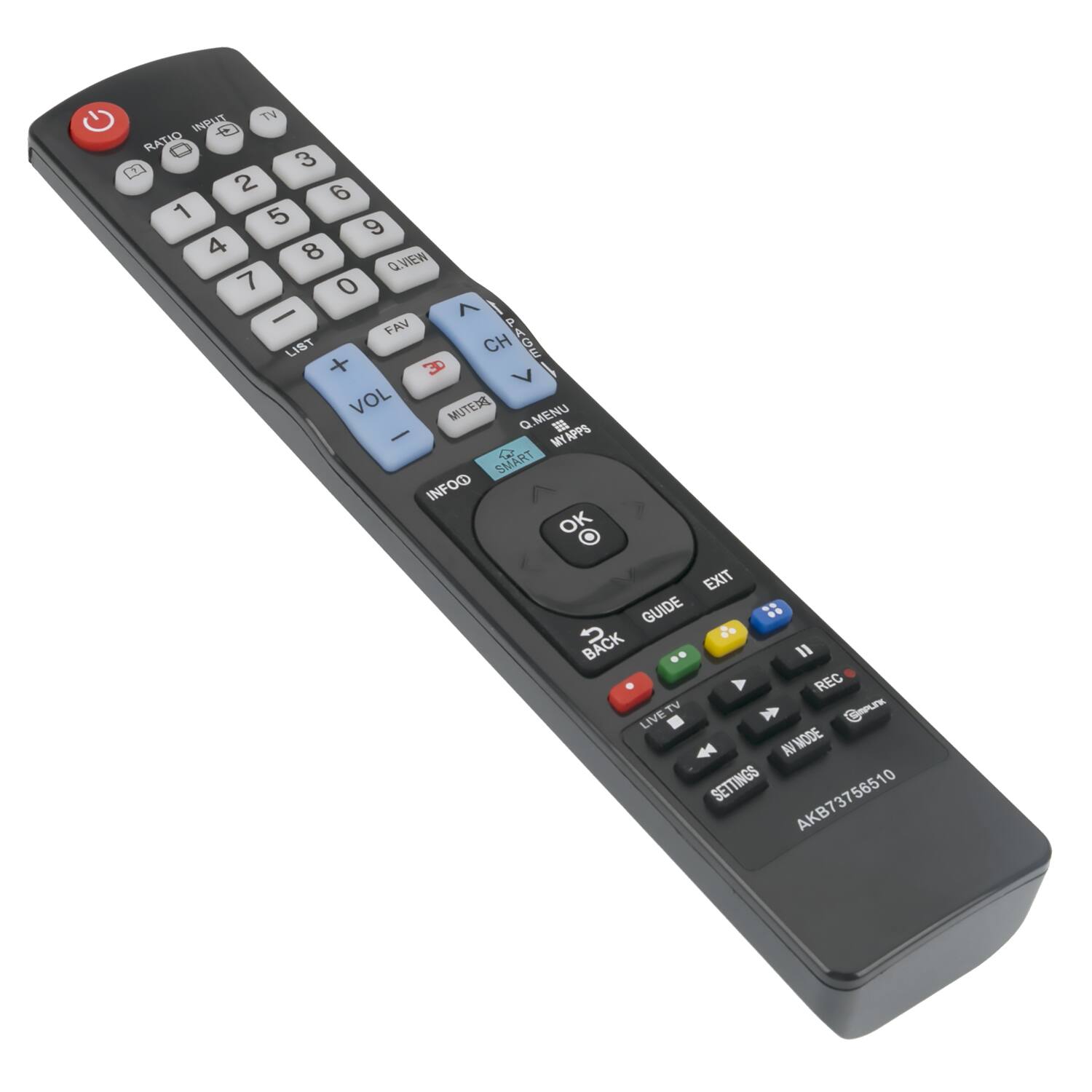 Sure, here is the corrected and grouped text from the image:

**Top Section:**
- INPUE TV RATIO
- 1 2 3 4 5 6 7 8 9 0
- QVIEW
- LIST
- FAV
- CH
- VOL +
- VOL -
- MUTE
- Q.MENU
- MYAPPS
- SMART INFO
- OK
- EXIT
- GUIDE
- BACK
- REC
- TV
- Ceun
- LIVE
- X
- AV MODE
- SETTINGS

**Middle Section:**
- MENU
- MY APPS
- Q.MENU
- INFO

**Bottom Section:**
- LIVE TV
- REC
- GUIDE
- EXIT
- BACK
- SETTINGS
- AV MODE
- AKB737356510