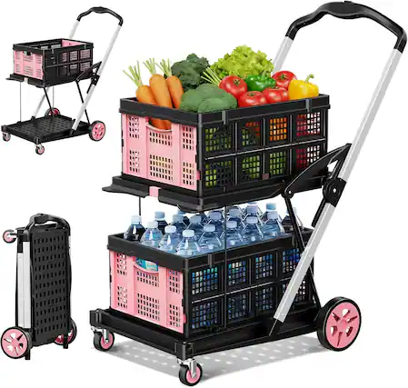 Front. Silvel - Collapsible Shopping Cart, 8-in-1 200LBS Multi Functional Utility Cart with 2 Storage Crate, Adjustable Handle - Pink.