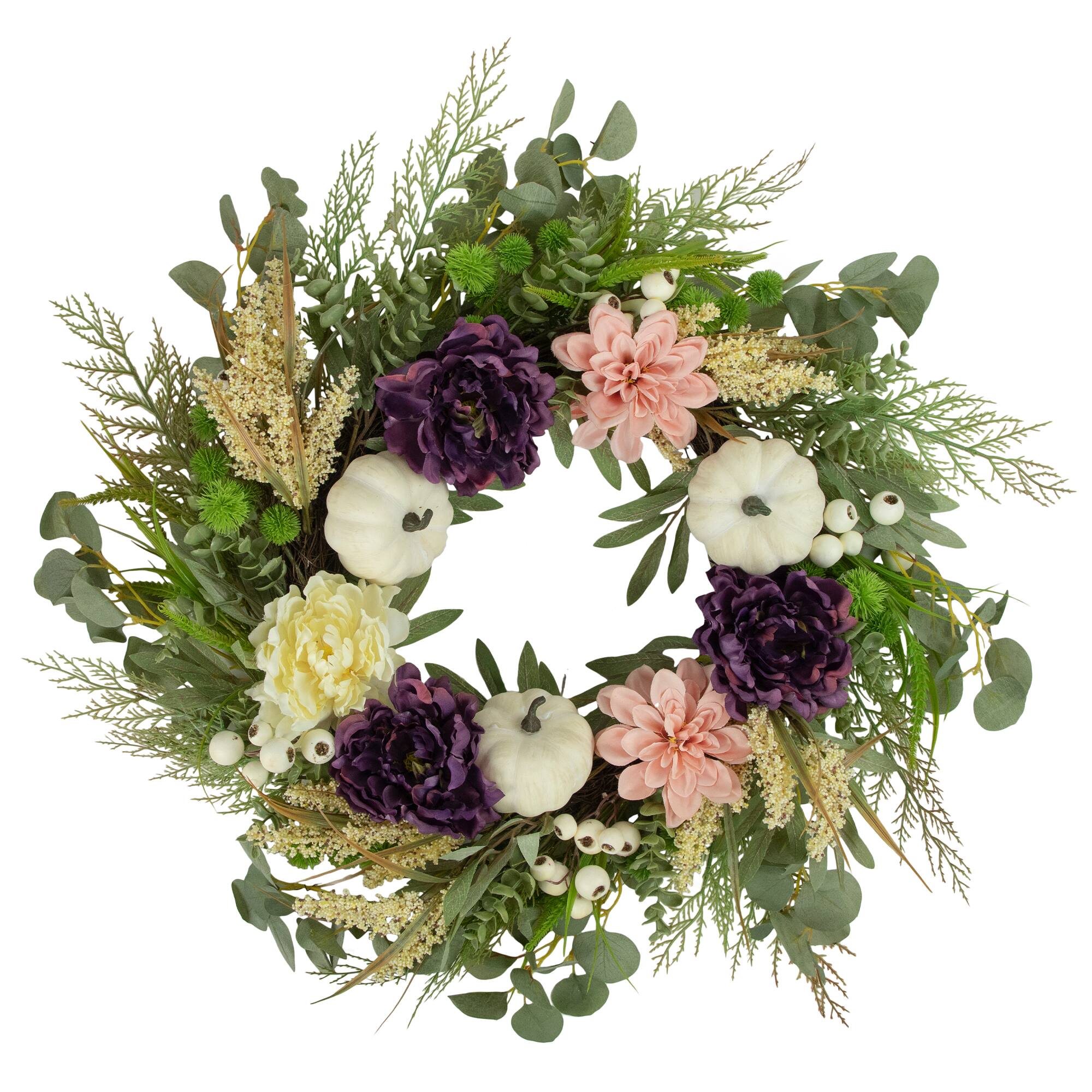 Northlight - Peony, Dahlia and Pumpkins Artificial Floral Fall Harvest Wreath - 24" - Green