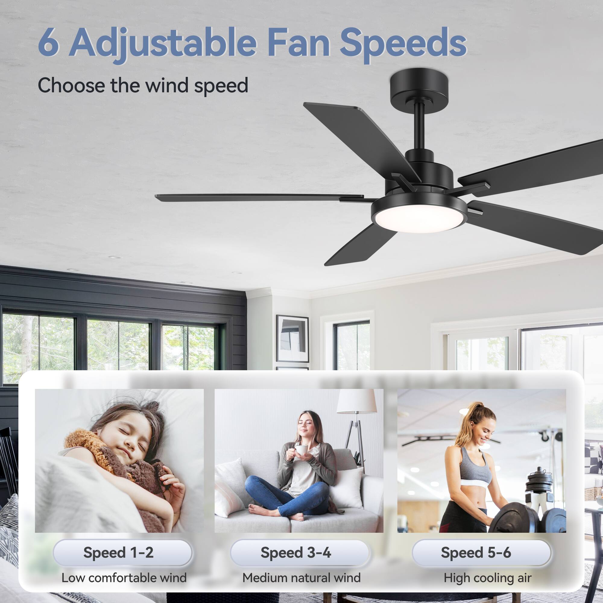 6 Adjustable Fan Speeds

Choose the wind speed

Speed 1-2 Low comfortable wind

Speed 3-4 Medium natural wind

Speed 5-6 High cooling air