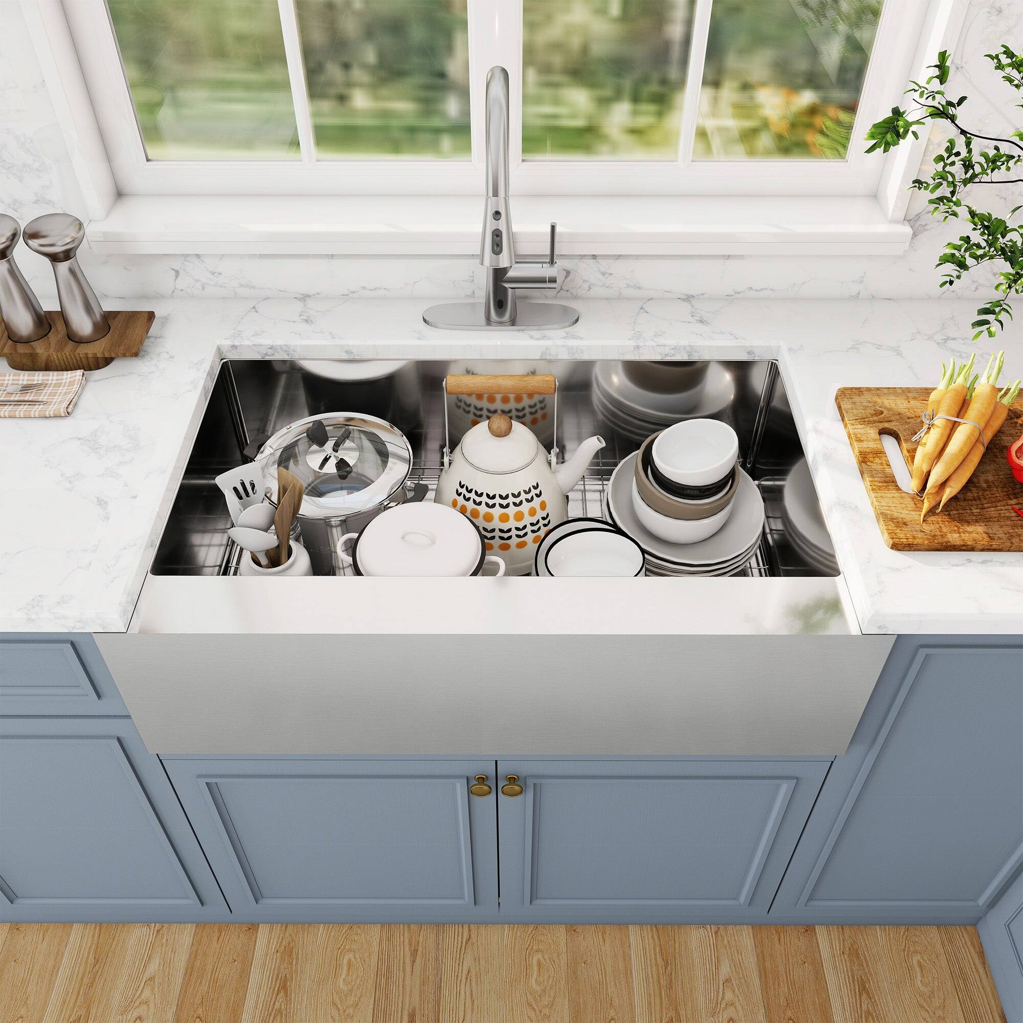 Alt View 3. Boyel Living - 36 in. Farmhouse Apron-Front Single Bowl 18-Gauge Silver Stainless Steel Kitchen Sink with Bottom Grid, Strainer Basket - Silver.