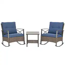 Outsunny - Piece Rocking Bistro Set, Outdoor Wicker Patio Conversation Set with Rockers, Table, Cushions, for Garden - Dark Blue