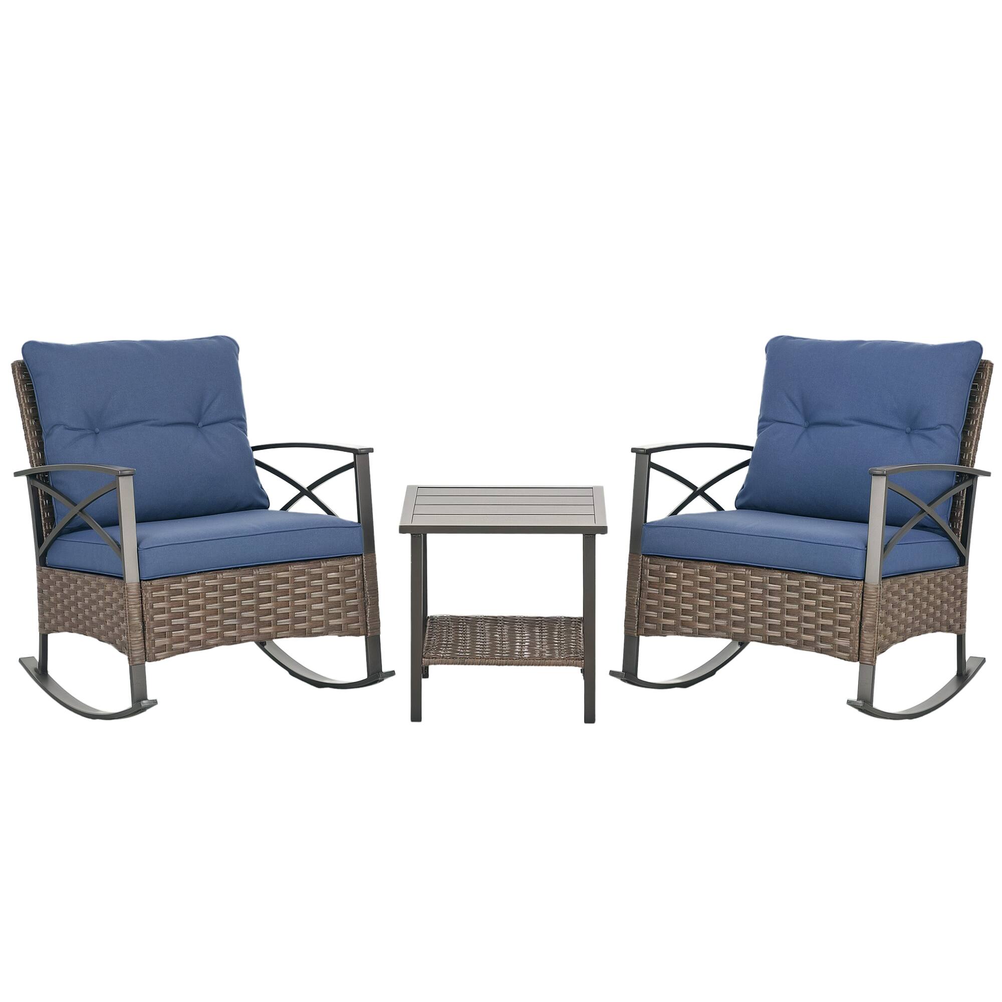 Front. Outsunny - Piece Rocking Bistro Set, Outdoor Wicker Patio Conversation Set with Rockers, Table, Cushions, for Garden - Dark Blue.