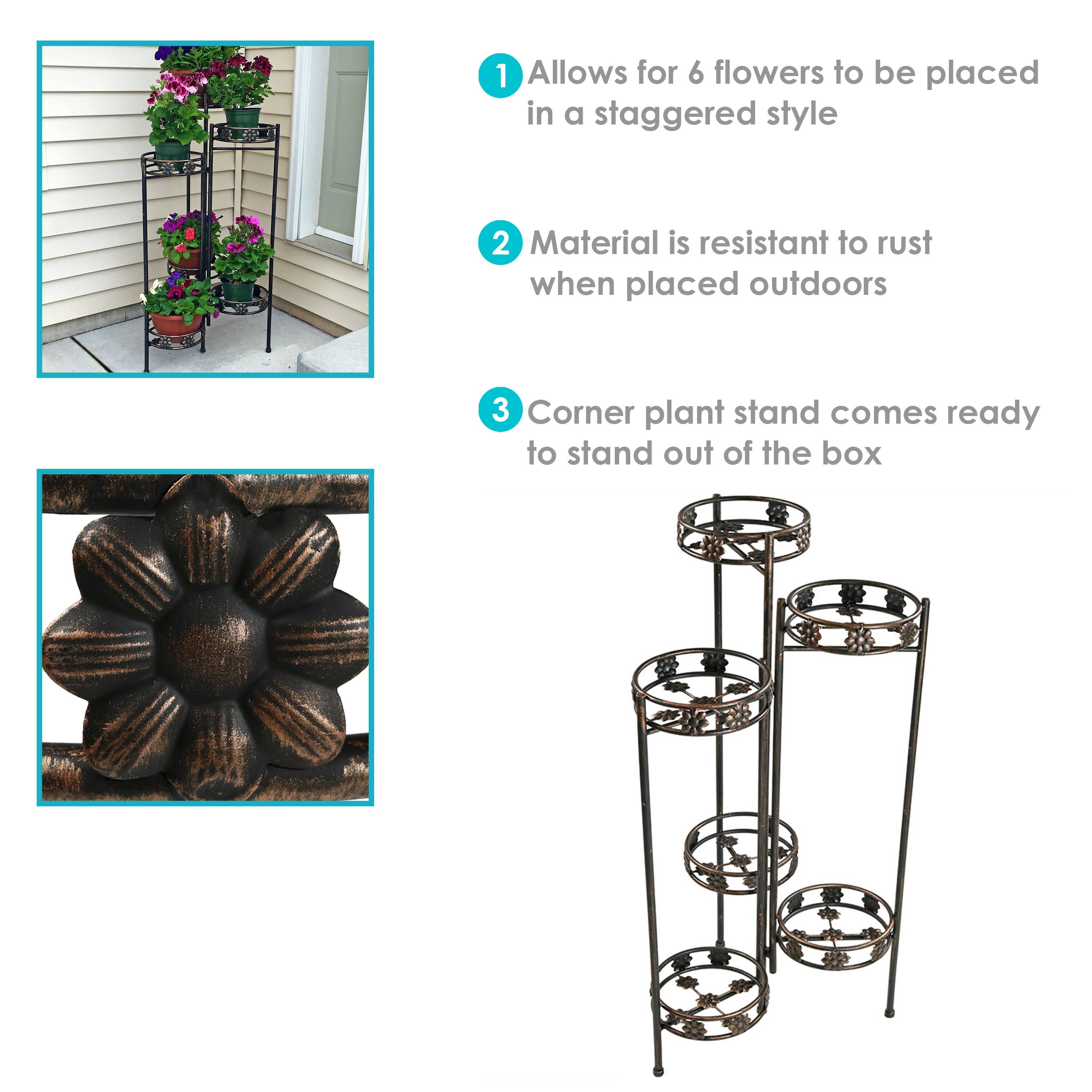 1. Allows for 6 flowers to be placed in a staggered style

2. Material is resistant to rust when placed outdoors

3. Corner plant stand comes ready to stand out of the box