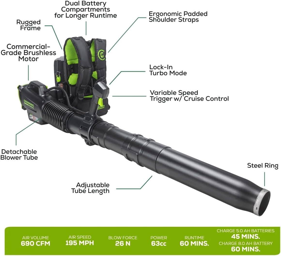 Dual Battery Compartments for Longer Runtime  
Rugged Frame  
Commercial-Grade Brushless Motor  
Ergonomic Padded Shoulder Straps  
Lock-In Turbo Mode  
Variable Speed Trigger w/ Cruise Control  
Detachable Blower Tube  
Adjustable Tube Length  
Steel Ring  

AIR VOLUME: 690 CFM  
AIR SPEED: 195 MPH  
BLOW FORCE: 26 N  
POWER: 63cc  
RUNTIME: 60 MINS.  
CHARGE 5.0 AH BATTERIES: 45 MINS.  
CHARGE 8.0 AH BATTERY: 60 MINS.