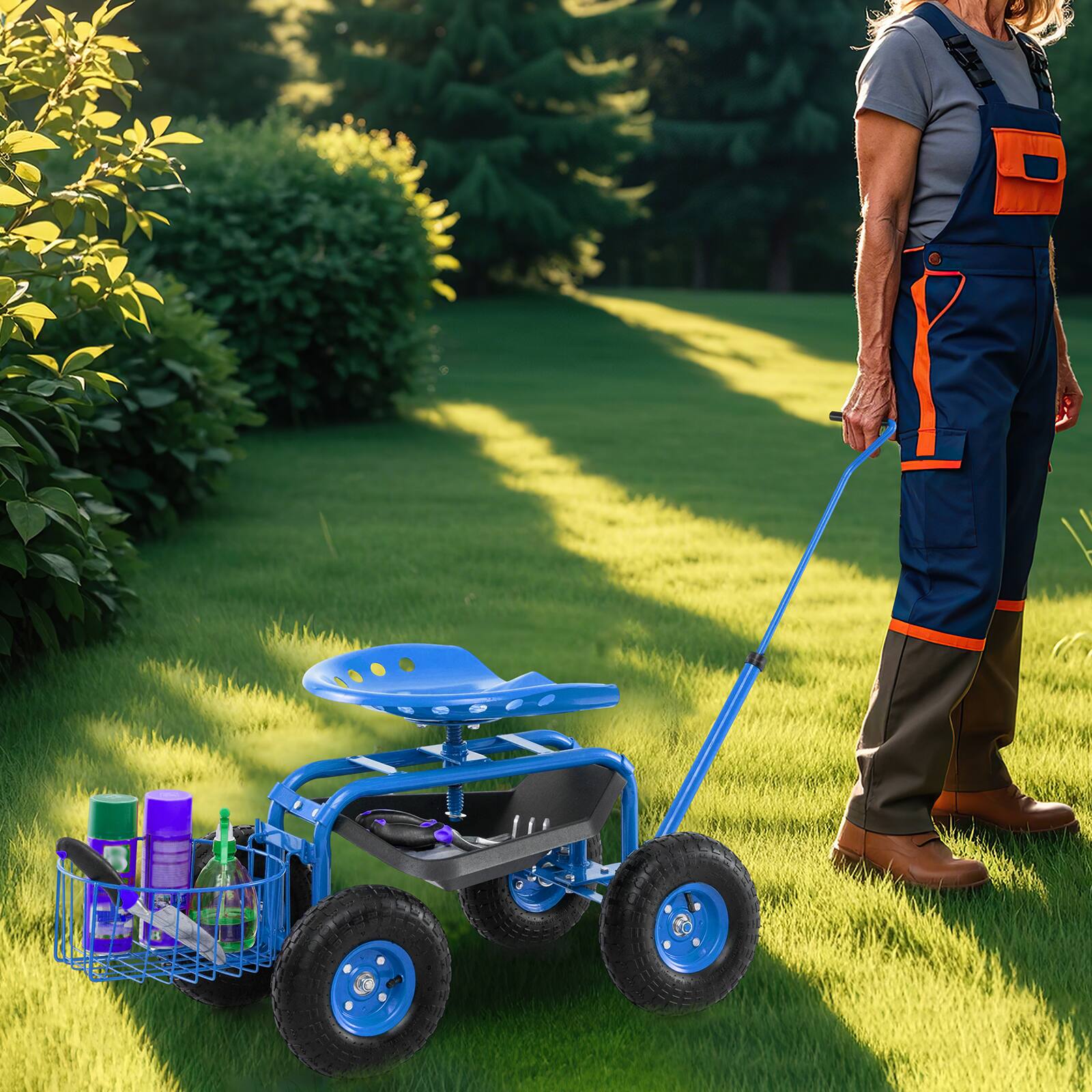 Alt View 3. Gymax - Gymax Rolling Garden Cart Scooter w/ Adjustable Seat Storage Basket Tray Blue - Blue.
