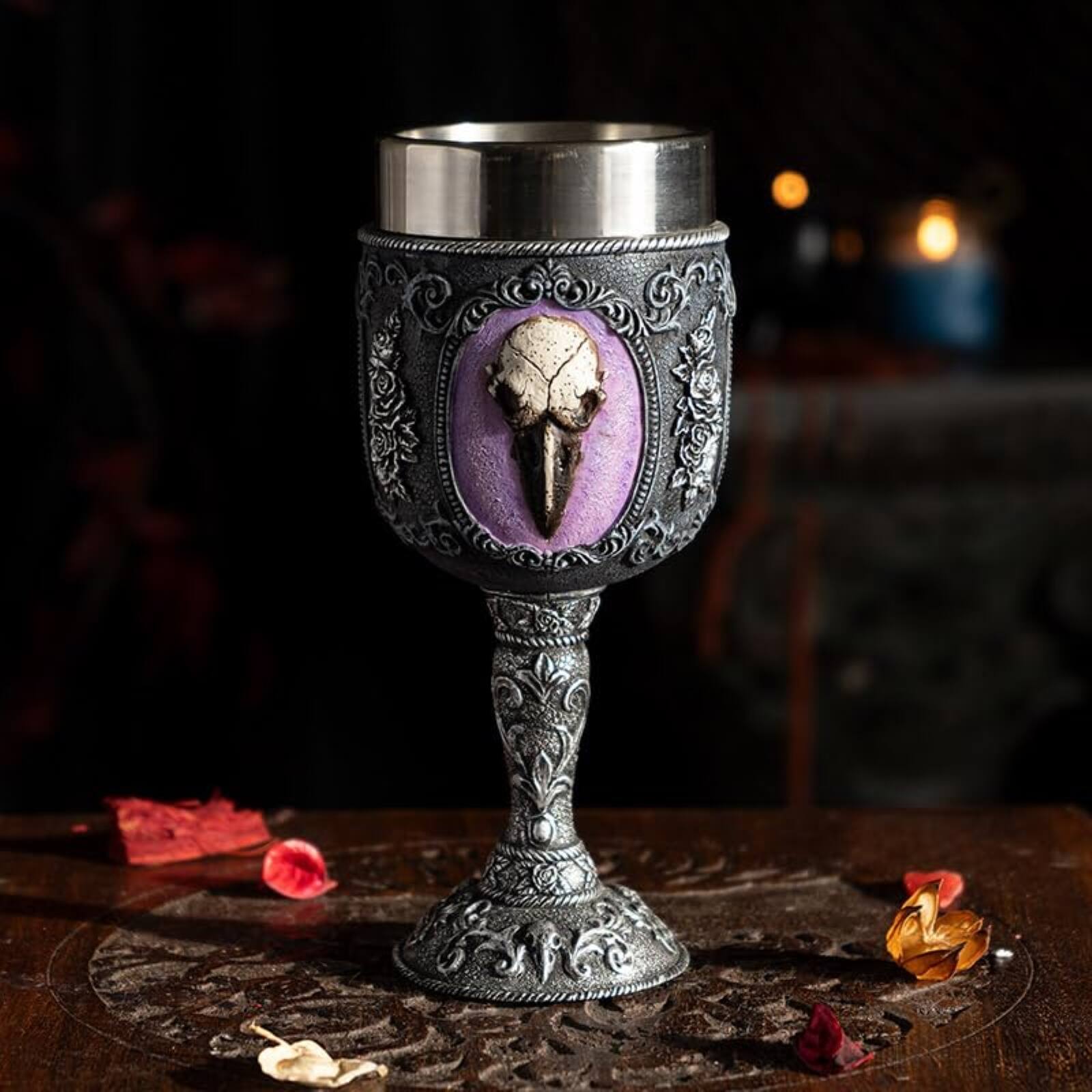 Alt View 2. Pacific Trading - Raven Skull Wine Goblet Chalice Cup Resin Body Stainless Steel Cup 8 ounce - Multicolor.