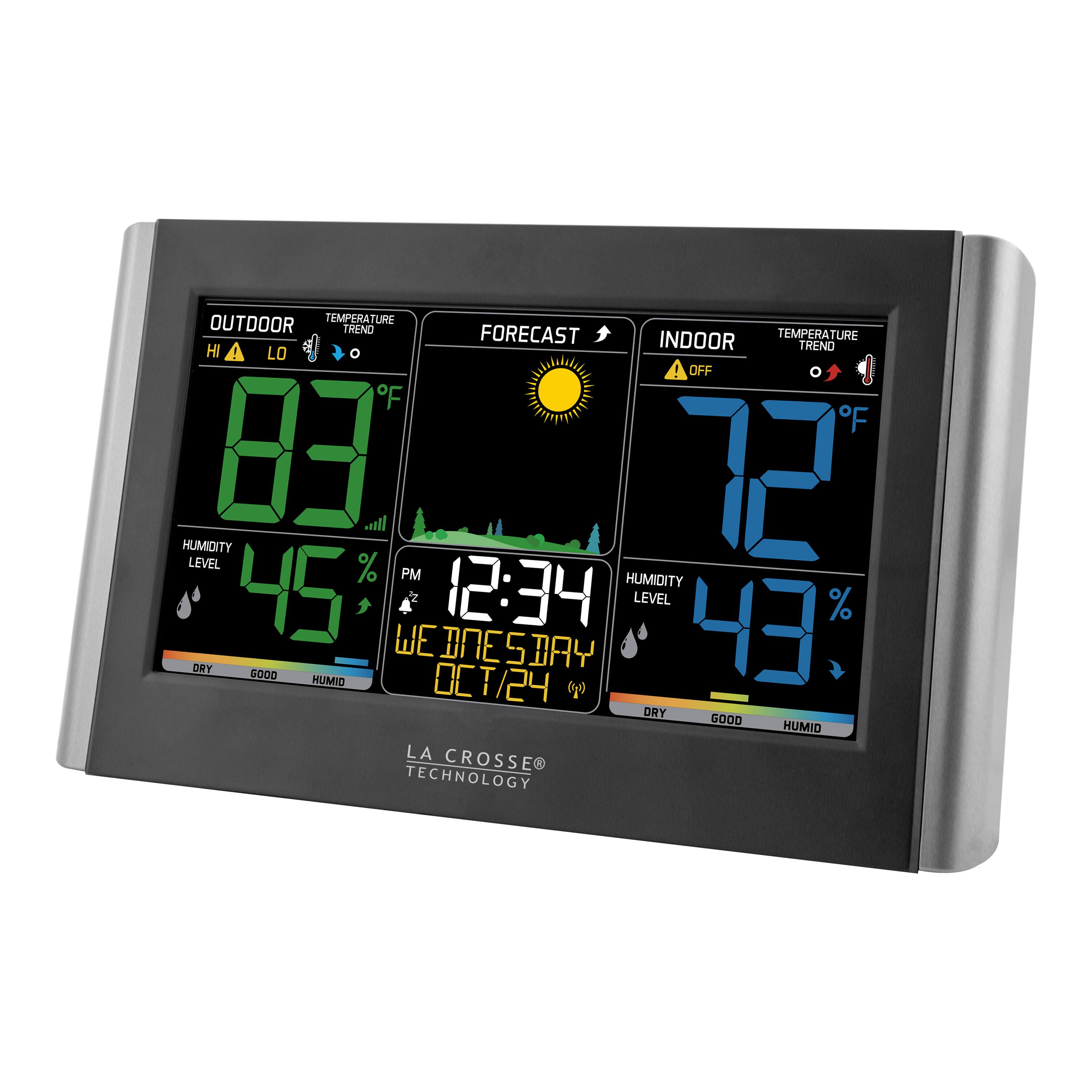 OUTDOOR TEMPERATURE TREND HI LO FORECAST TEMPERATURE HI S INDOOR TREND LO OFF F F 83 12 HUMIDITY LEVEL % PM HUMIDITY 45 12:34 LEVEL 43 % WEDNESDAY WEATHER DRY GOOD HUMIDITY CT/24 DRY GOOD HUMID LA CROSSE TECHNOLOGY