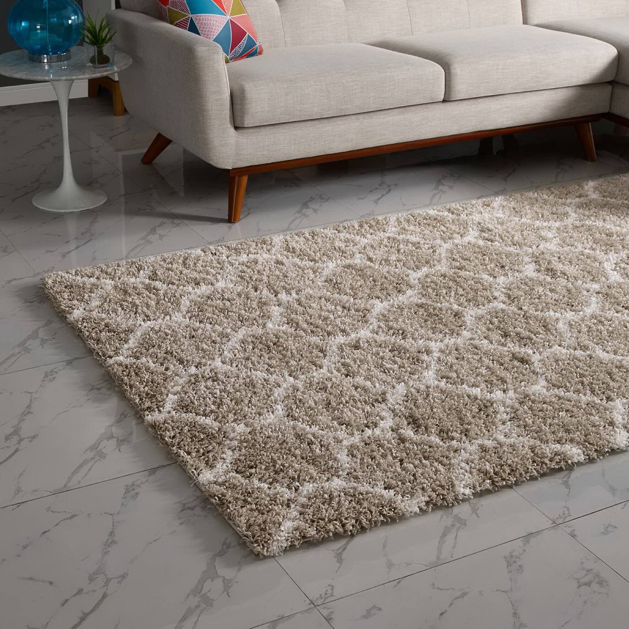 Back. Modway - Solvea Moroccan Trellis Shag Area Rug - Beige and Ivory.