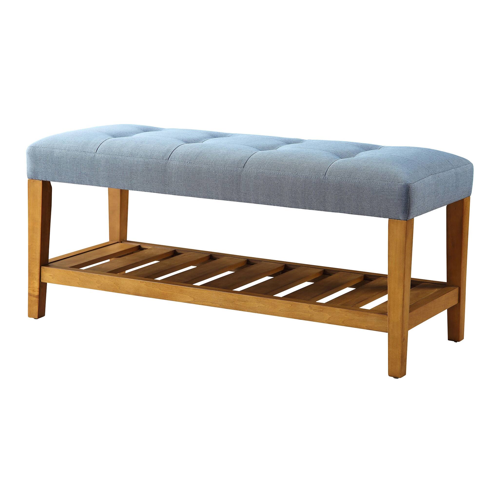 Front. TinyHomie - Light Blue Oak Tufted Padded Seat Bench - Brown.