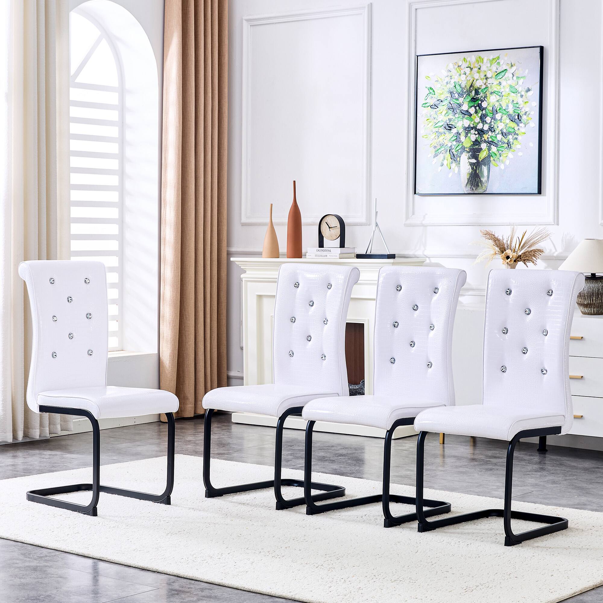 Front. Loheer - Set of 4 Retro Faux Leather Dining Chairs 22.4x16.4x39.6 in Metal Bow Leg Cantilever - White.