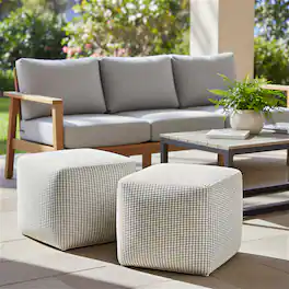 Simpli Home - Zelma 18 inch Wide Square Pouf Ottoman, Recycled PET Polyester - Dune Beige