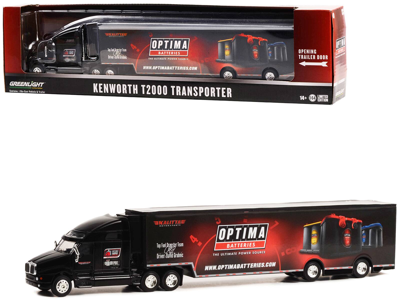 Sure, here is the corrected and grouped text from the image:

---

**Top Fuel Dragster Team**  
**Driver: David Grubnic**

**OPTIMA BATTERIES**  
**THE ULTIMATE POWER SOURCE**  
**WWW.OPTIMABATTERIES.COM**

**KENWORTH T2000 TRANSPORTER**  
**14+ 1/64 LIMITED EDITION**

**GREENLIGHT**  
**Contains: 1:64 Scale Kenworth & Trailer**

**OPENING TRAILER DOOR**

**SKALITTA MOTORSPORTS**

**Top Fuel Dragster Team**  
**Driver: David Grubnic**

**OPTIMA BATTERIES**  
**THE ULTIMATE POWER SOURCE**  
**WWW.OPTIMABATTERIES.COM**

**KENWORTH T2000 TRANSPORTER**  
**14+ 1/64 LIMITED EDITION**

**GREENLIGHT**  
**Contains: 1:64 Scale Kenworth & Trailer**

**OPENING TRAILER DOOR**

---