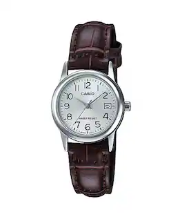 Casio - Women’s Silver Dial Watch with Leather Band - LTP-V002L-7B - Brown
