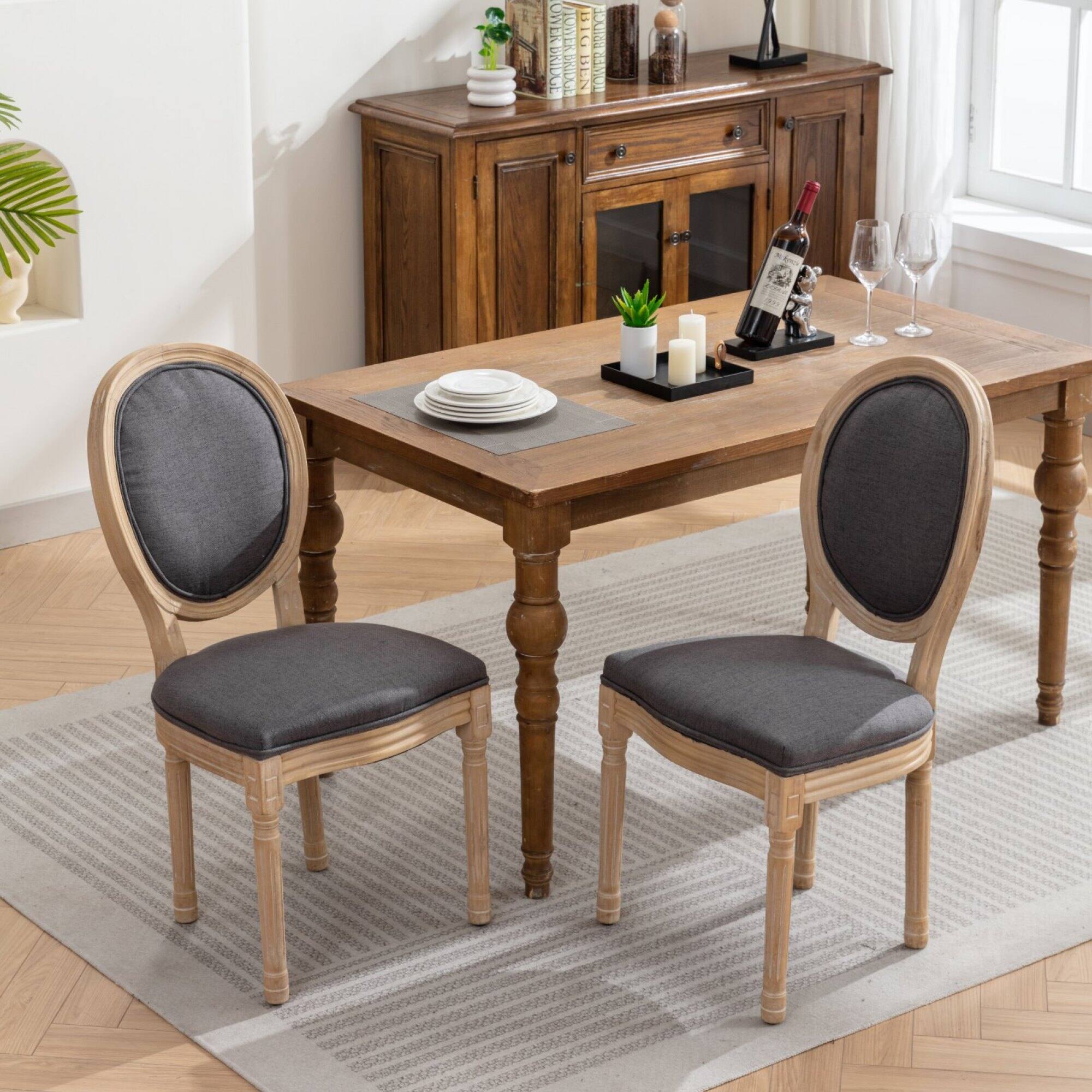 Alt View 9. GOODSILO - French Style Solid Wood Frame Dining Chairs with Linen Fabric Upholstery, Set of 2 - Dark Gray.