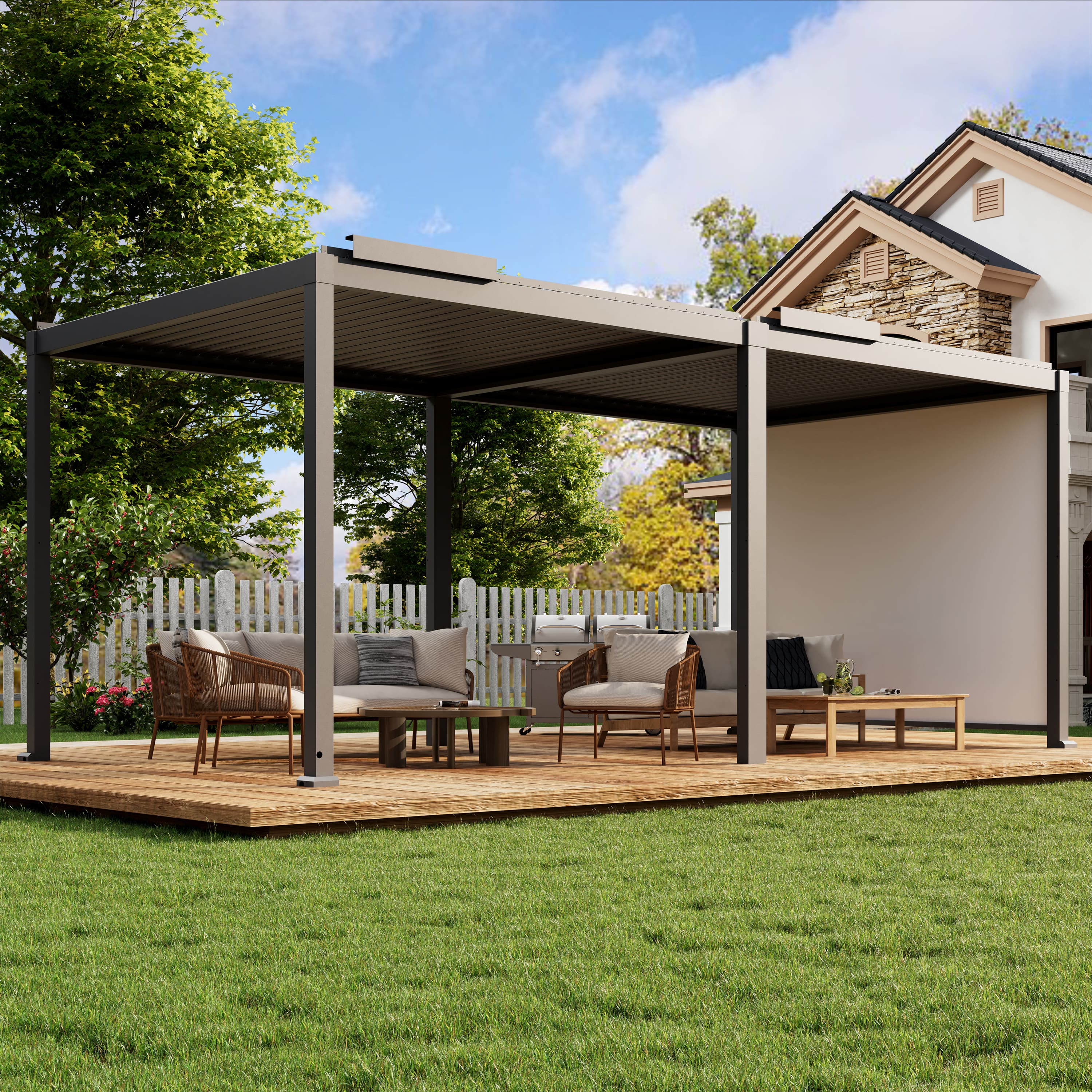 Mondawe - 10x20FT Electric Aluminum Louver Pergola with LED Lights and Motorized Outdoor Projector Screen - Gray