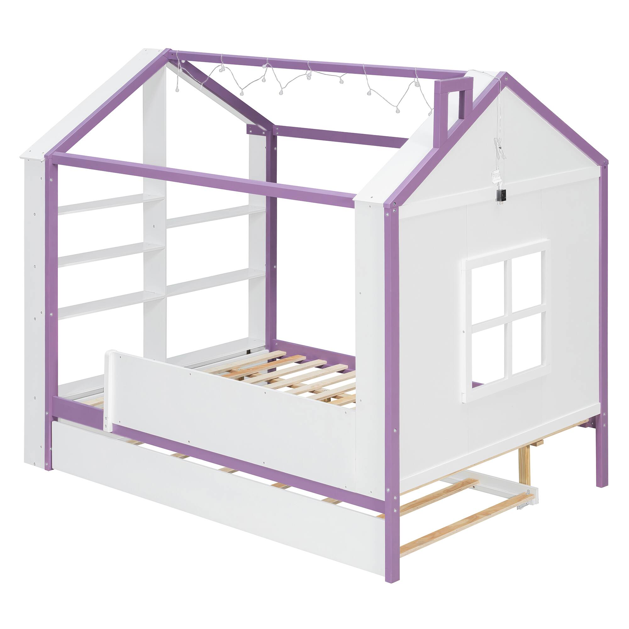 Alt View 1. Anysun - Full Size House Bed Frame with Pull-Out Trundle, Tail End Storage Shelves and Cool White LED Lights - Purple.