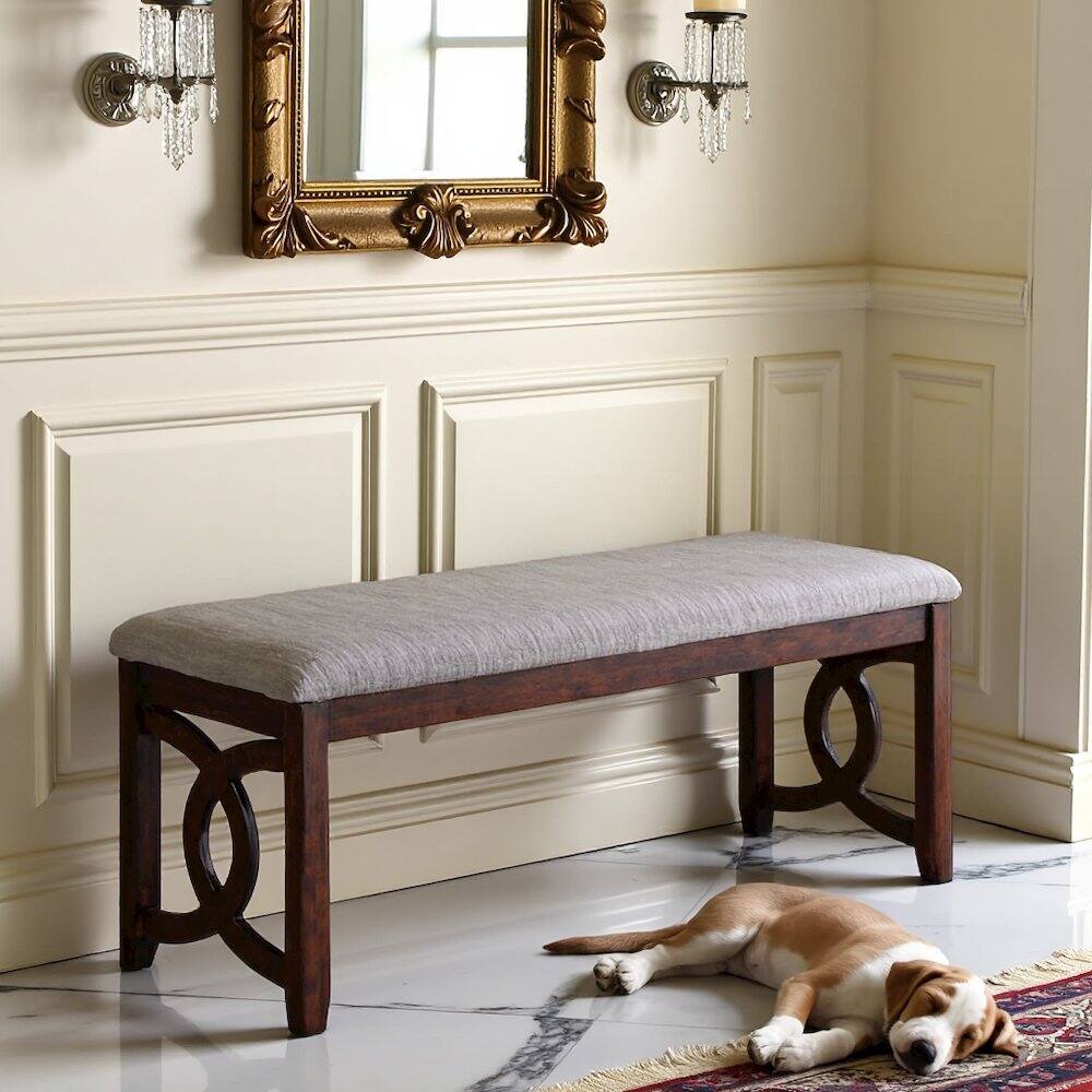 Alt View 1. FurniFact - Brown Cherry Solid Wood 46 Inch Upholstered Bench For Dining Room - Cherry.