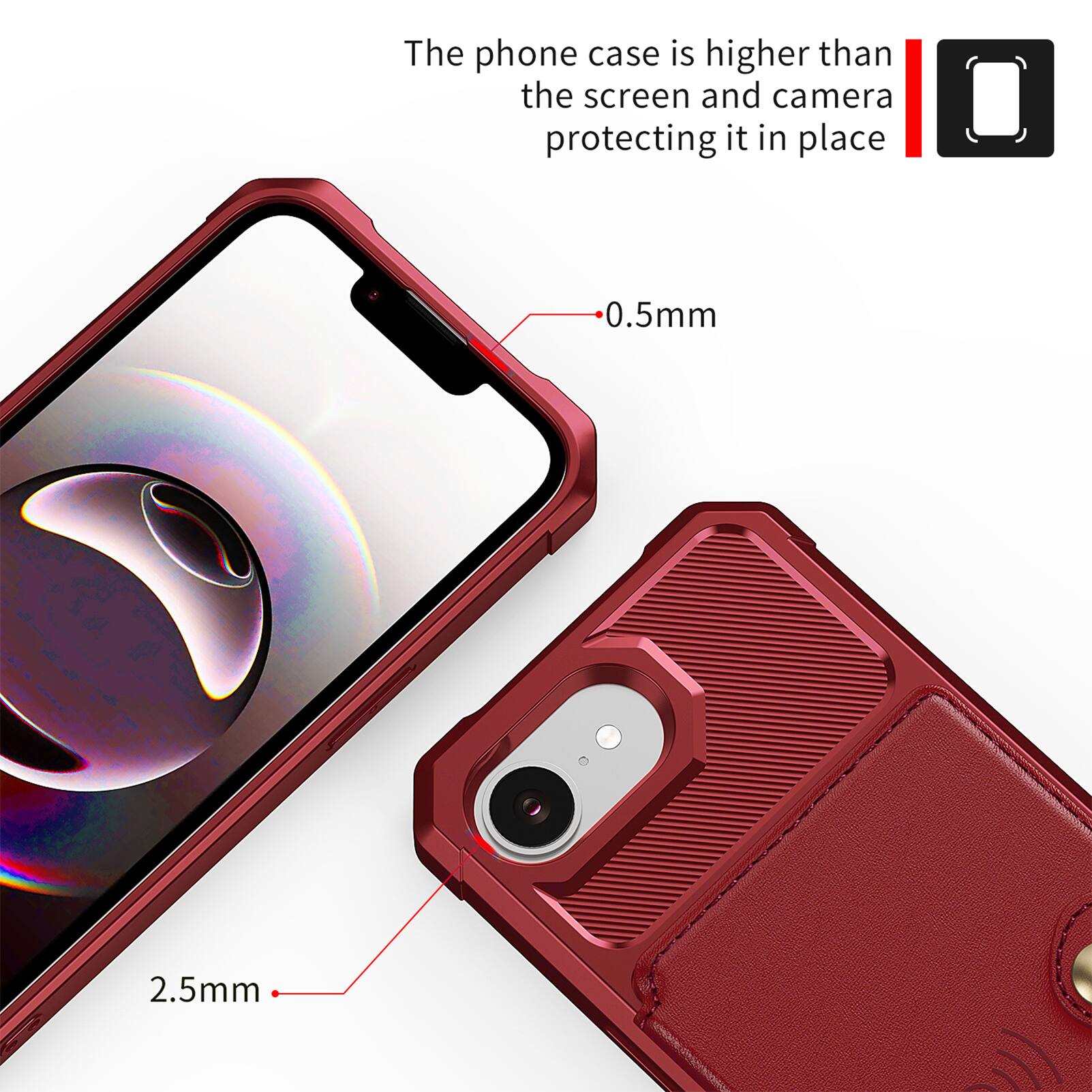 The phone case is higher than the screen and camera protecting it in place.  
0.5mm  
2.5mm