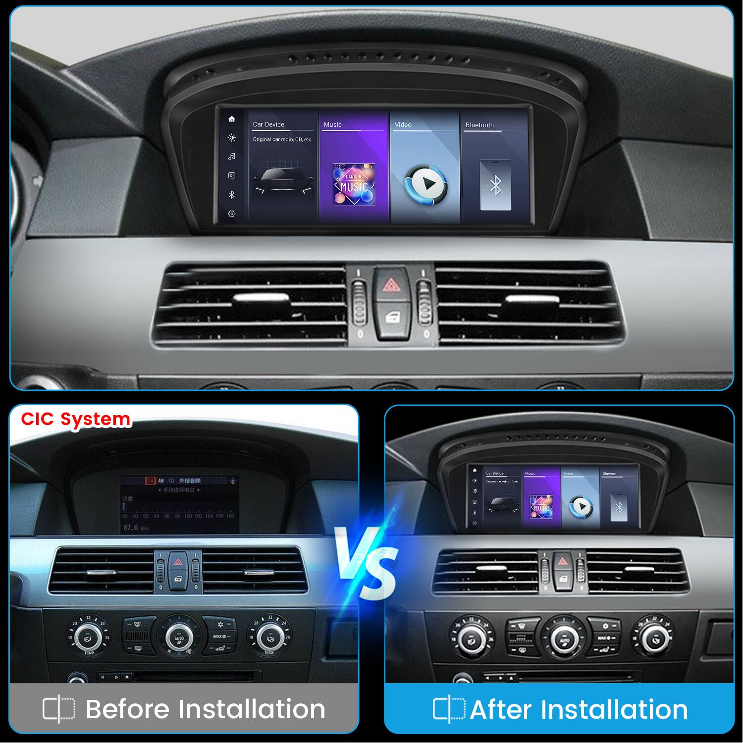 Car Device  
Music  
Video  
Bluetooth  
Original or ada CO. ne  
LAMING MUSIC  
0000310  
0000011  
CIC System  
KISIS 22 14 25  
87,6 K  
0 COLLENGE CHICKEEED : 9  
MAT  

VS  
CarDeut - 11  

500 :  
Vitamin 0  
K  
ESP  
KSD  

Before Installation  
After Installation