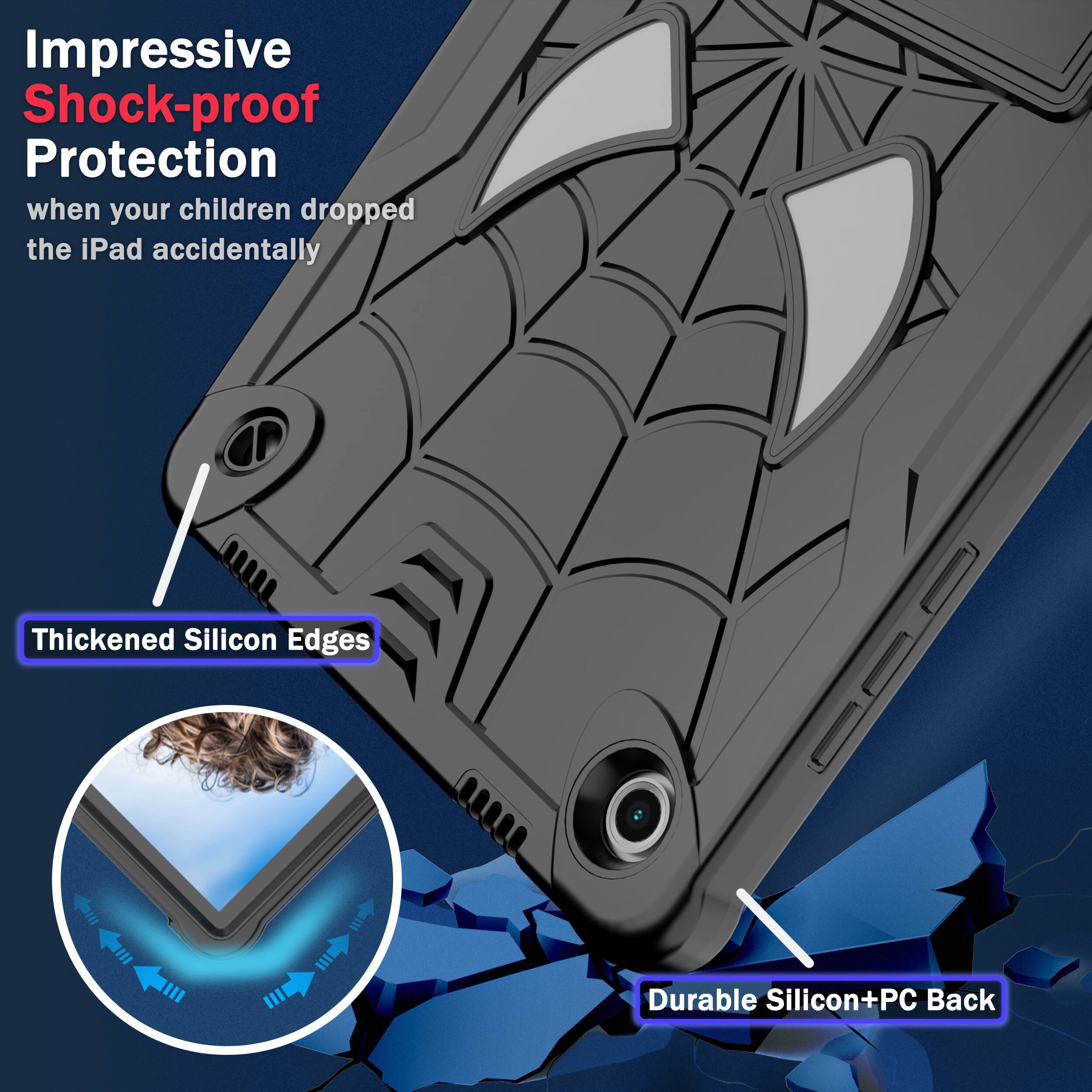 Impressive Shock-proof Protection when your children dropped the iPad accidentally

Thickened Silicon Edges

Durable Silicon+PC Back