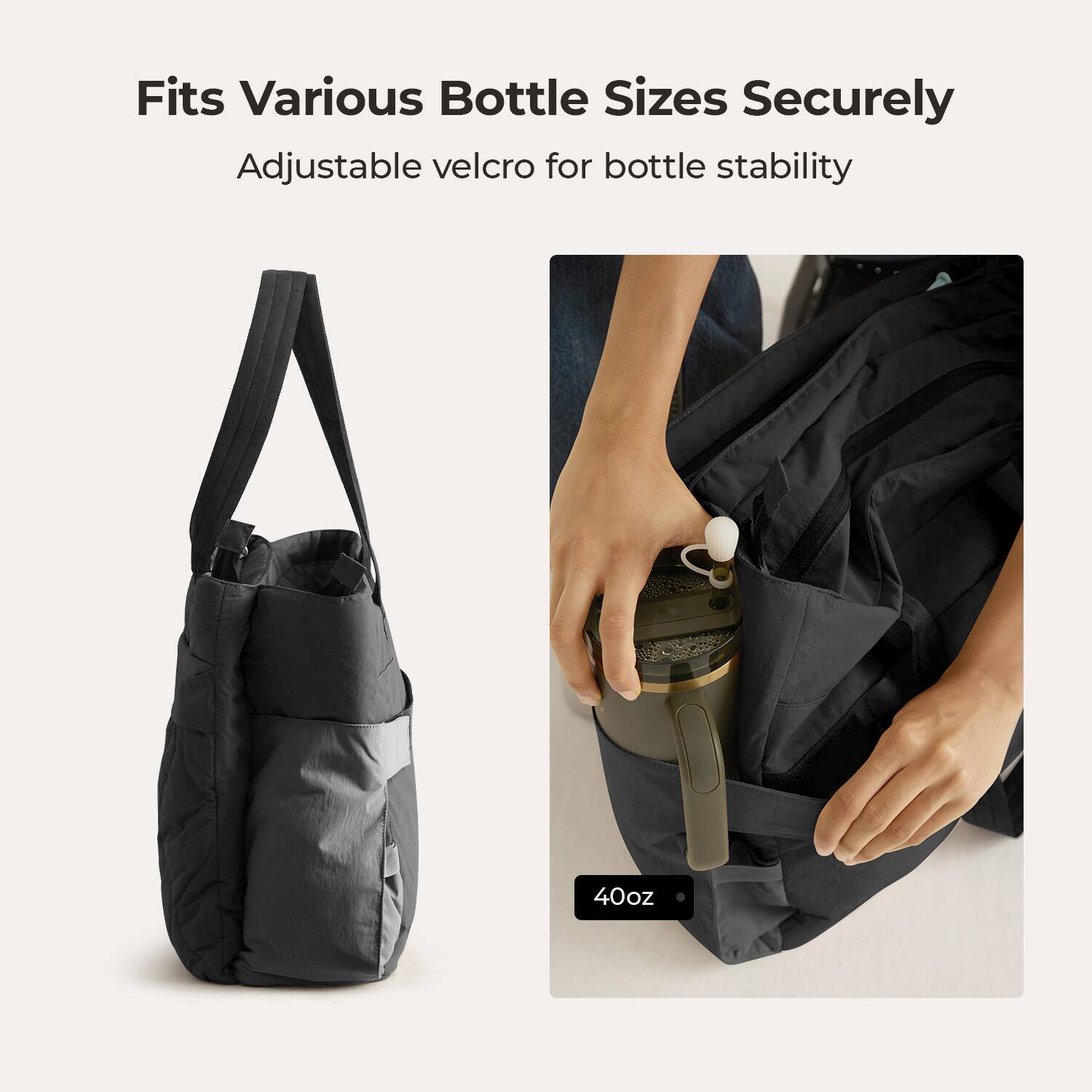 Fits Various Bottle Sizes Securely  
Adjustable velcro for bottle stability  
40oz