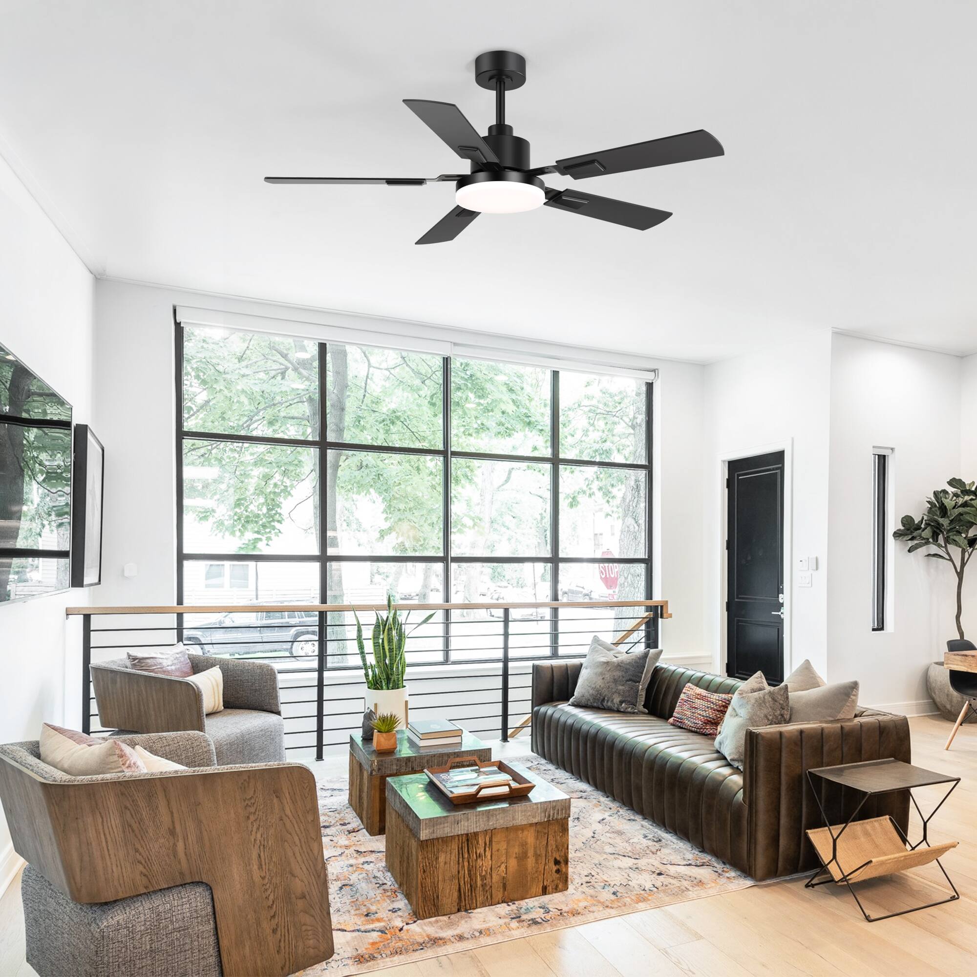 Left. Breezary - 52-in Indoor Ceiling Fan with Light, DC Motor, 6-Speed Remote, 3-Color LED, Reversible Blades, 5"/10" Downrods - Black and Wood Finish.