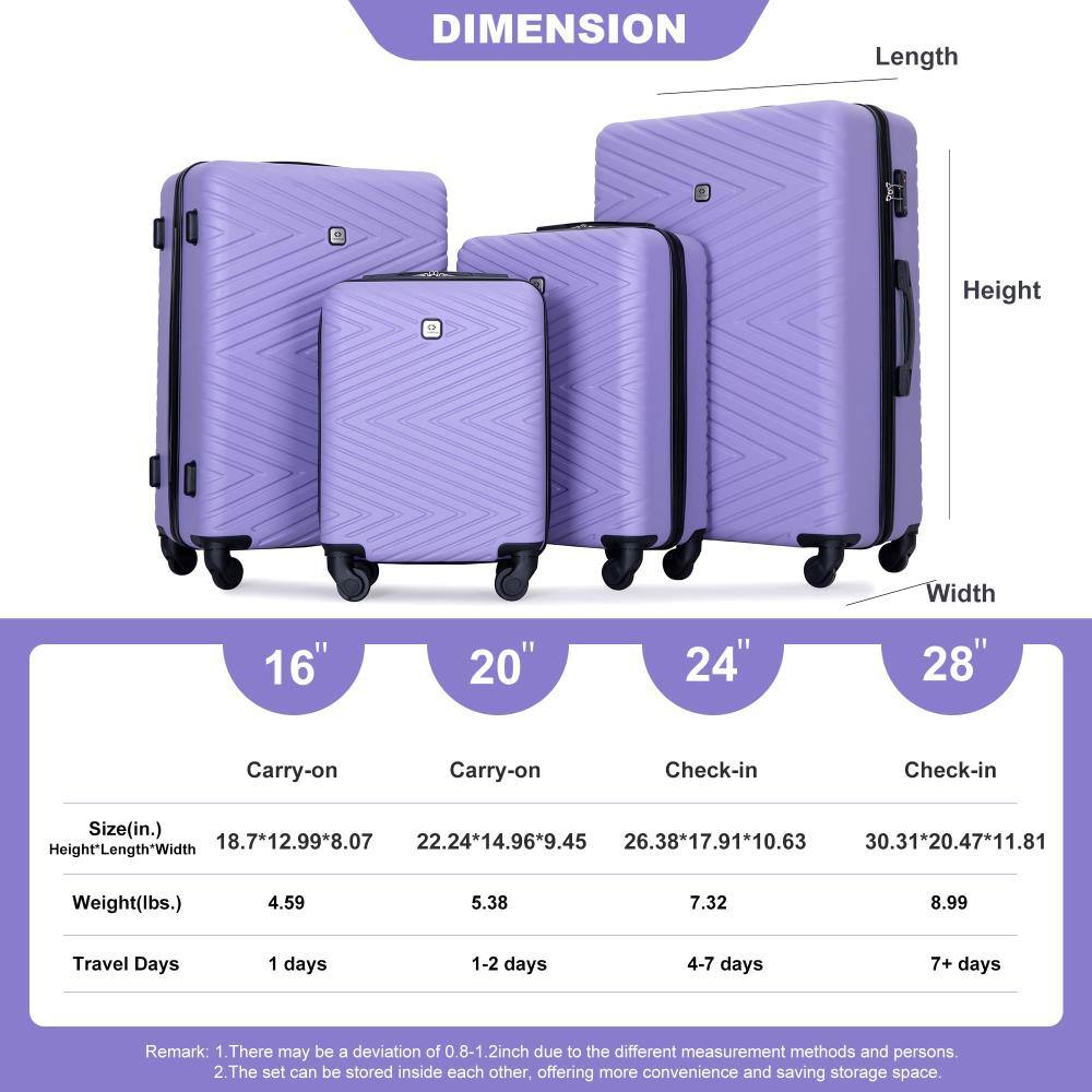 **DIMENSION**

- **16" Carry-on**
  - Size (in.): 18.7" x 12.99" x 8.07"
  - Weight (lbs.): 4.59
  - Travel Days: 1 day

- **20" Carry-on**
  - Size (in.): 22.24" x 14.96" x 9.45"
  - Weight (lbs.): 5.38
  - Travel Days: 1-2 days

- **24" Check-in**
  - Size (in.): 26.38" x 17.91" x 10.63"
  - Weight (lbs.): 7.32
  - Travel Days: 4-7 days

- **28" Check-in**
  - Size (in.): 30.31" x 20.47" x 11.81"
  - Weight (lbs.): 8.99
  - Travel Days: 7+ days

**Remark:**
1. There may be a