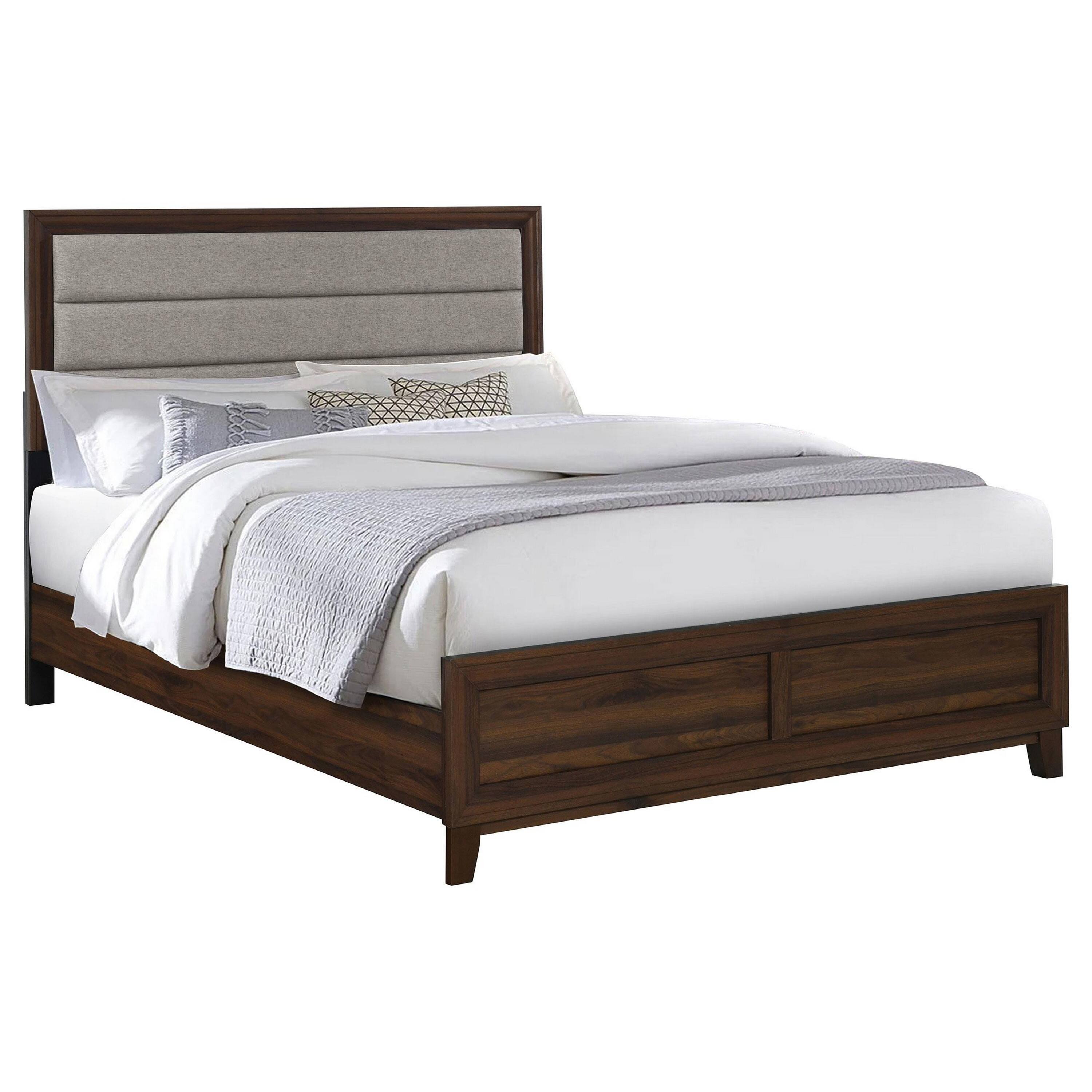 Alt View 1. Manhattan Lane - Yels Queen Size Bed, Channel Tufted Taupe Upholstery, Dark Brown Wood - Walnut Brown, Taupe.