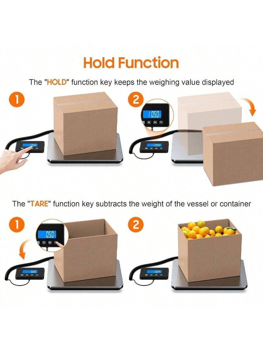 Hold Function

1. The "HOLD" function key keeps the weighing value displayed.
2. The "TARE" function key subtracts the weight of the vessel or container.
