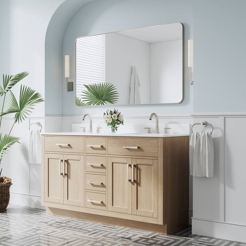 Angle. WELLFOR - 60 in Solid Wood Bathroom Vanity with Double Sink,4 Doors,6 Drawers& Cultured Marble Countertop,Brushed Nickel Handle - OAK.