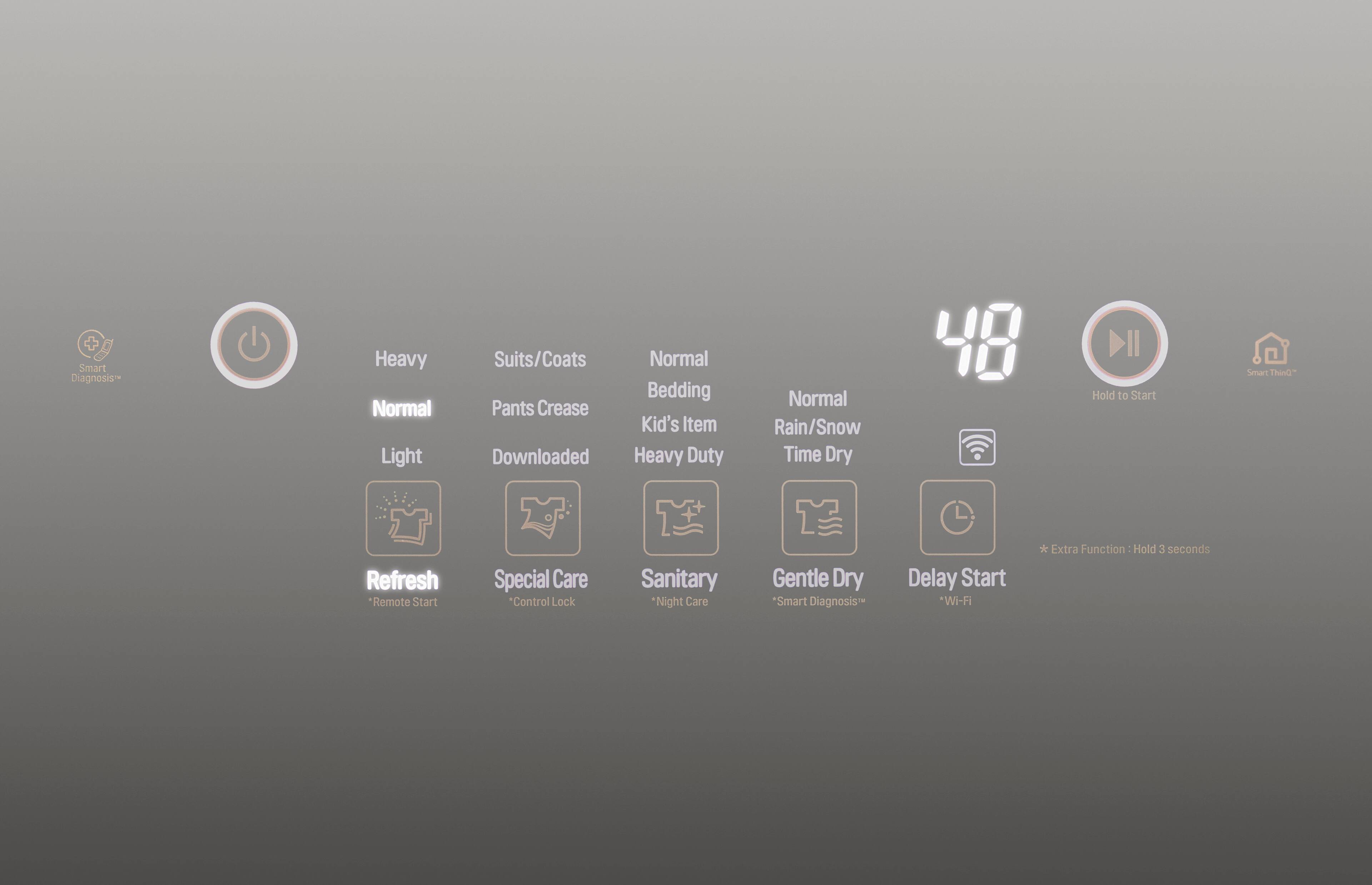 8 Smart Diagnosis  
Heavy  
Normal  
Light  
Suits/Coats  
Pants Crease  
Downloaded  
Normal  
Bedding  
Kid's Item  
Heavy Duty  
Normal  
Rain/Snow  
Time Dry  
Hold to Start  
Smart ThinG  
" + Refresh *Remote Start  
Special Care "Control Lock  
Sanitary  
Night Care  
Gentle Dry *Smart Diagnosis  
Delay Start *Wi-Fi *Extra Function : Hold 3 seconds
