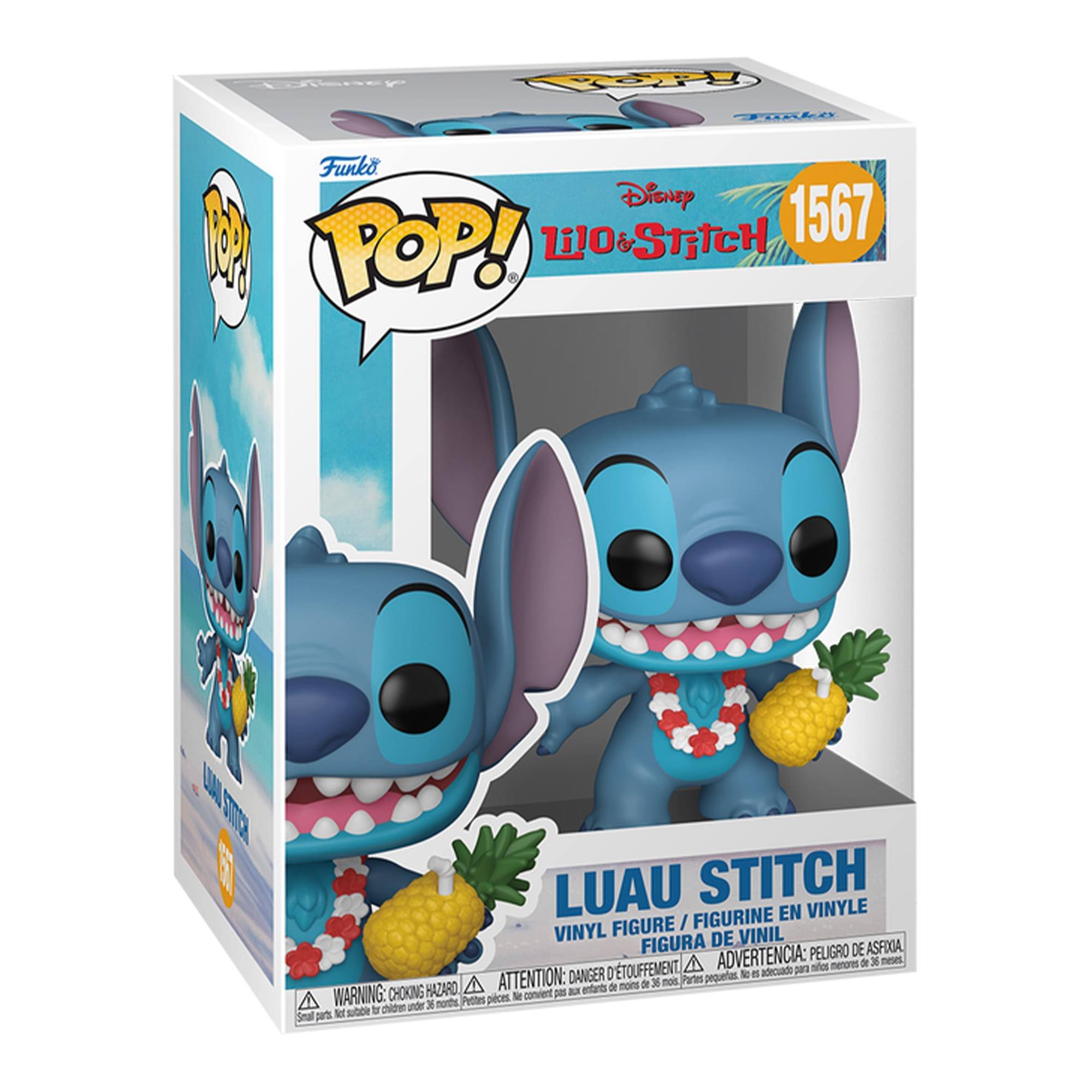 Sure, here is the corrected and grouped text from the image:

---

**Front:**
- Disney Lilo & Stitch
- 1567
- Funko POP!
- LUAU STITCH
- VINYL FIGURE / FIGURINE EN VINYLE / FIGURA DE VINIL / FIGURA DE VINIL
- WARNING: CHOKING HAZARD - ATTENTION: PELIGRO DE ASFIXIA - ADVERTENCIA: PEQUETAS - ATTENTION: DANGER DE TOUFFEMENT - ATTENTION: CHOKING HAZARD - Small parts not suitable for children under 3 years - Petites pièces, ne convient pas aux enfants de moins de 3 ans - Pequeñas piezas, no conviene para menores de 3 años - Peut être dangereux pour les enfants de moins de 3 ans

**Side:**
- Funko POP!
- Lilo & Stitch
- LUAU STITCH

**Top:**
- Funko POP!
- Disney Lilo & Stitch
- 1567

---